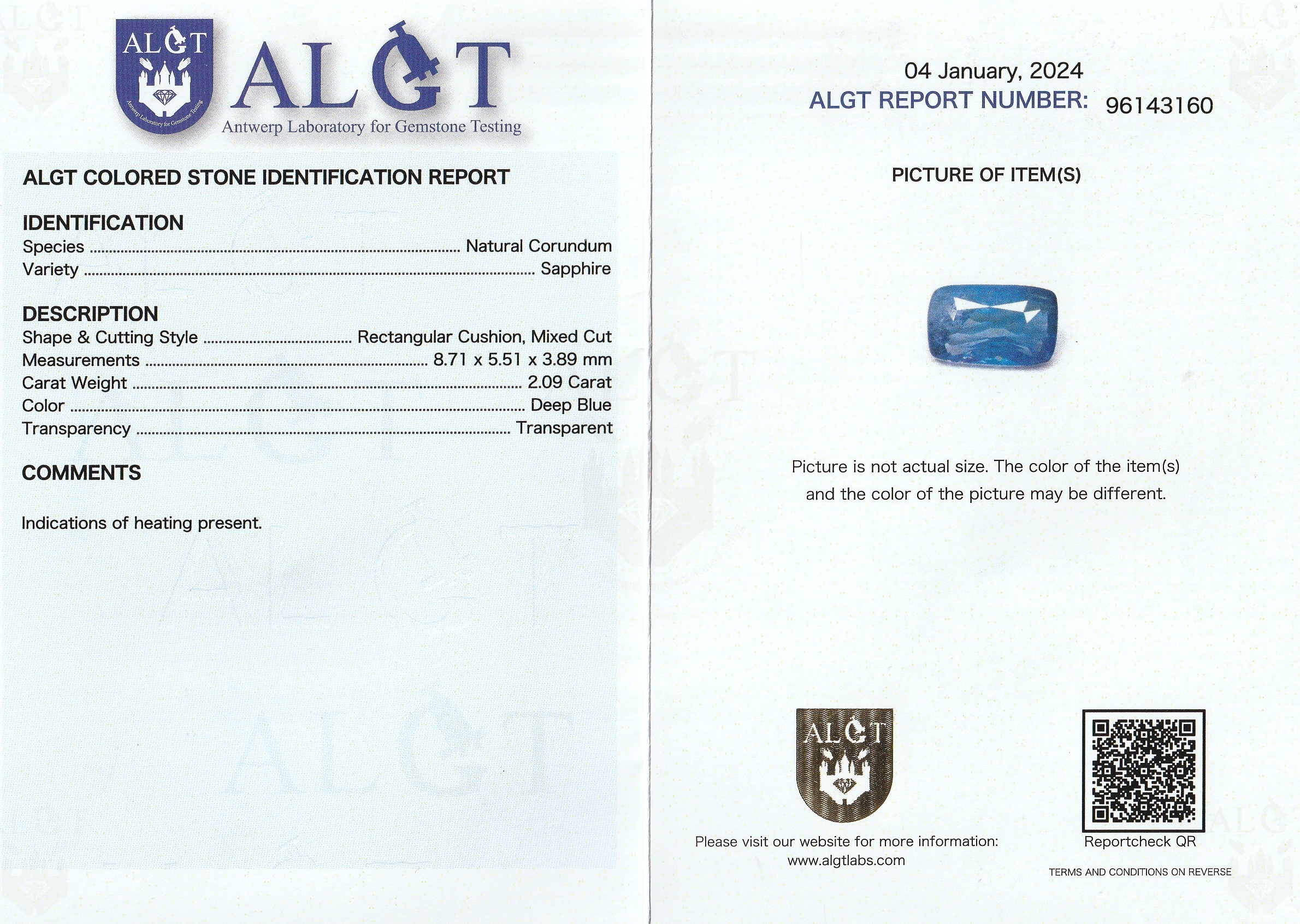 Detail c: Loser Saphir, 2.09 ct, Rectangular Cushion, Deep Blue, Anzeichen für Erhitzung, mit ALGT- Expertise