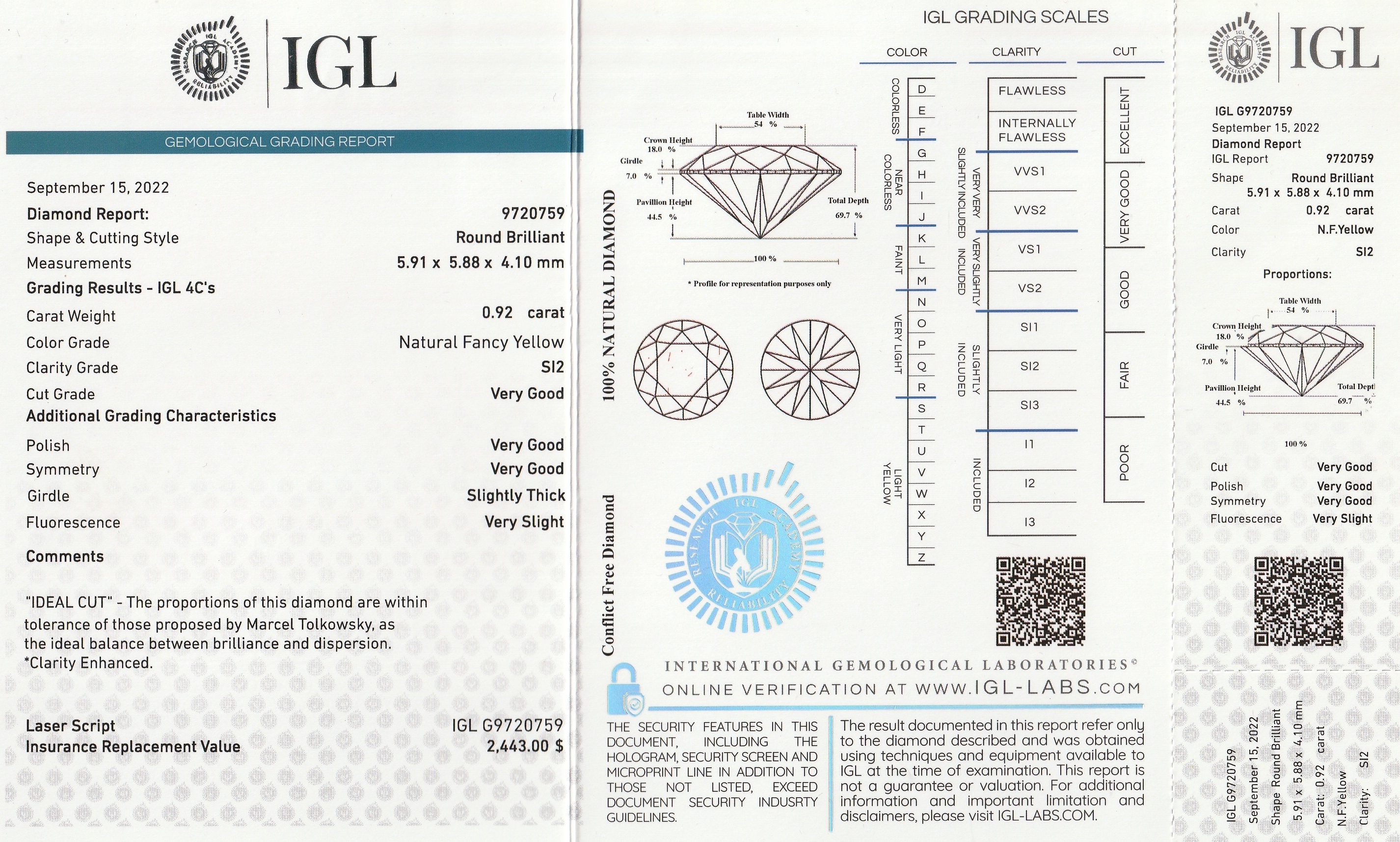 Detail c: Loser Brillant, 0.92 ct natural fancy yellow/si2, mit IGL-Expertise