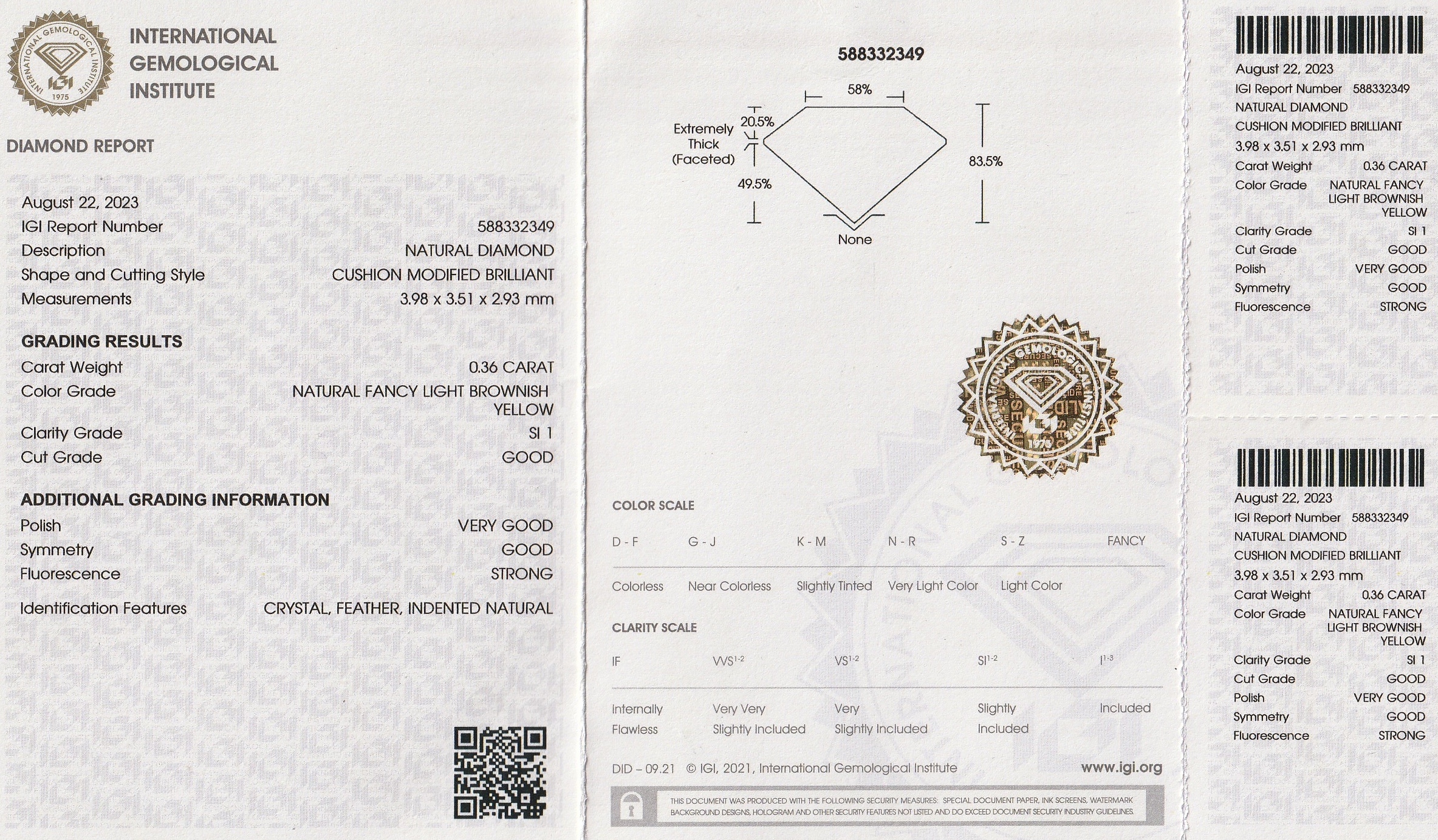 Detail a: Loser Diamant, Cushion, 0.36 ct natural fancy light brownish yellow/si1, eingeschweißt, mit IGI-Expertise
