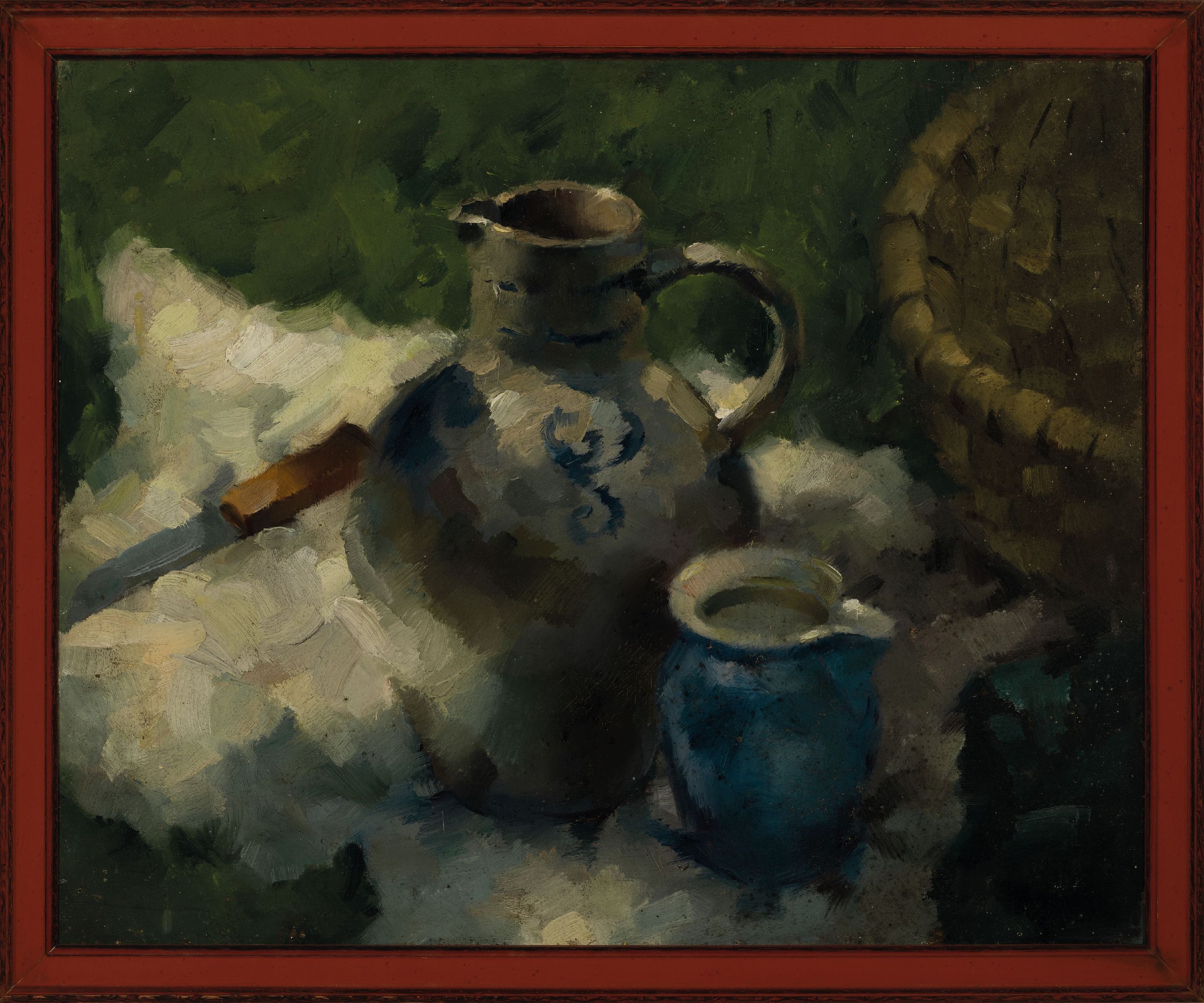 Detail k: Hans Wohlrab, 1905 Eger-1978 Nabburg, Stillleben mit Korb, Krügen und Messer, Öl/Malkarton, rechts unten signiert und dat. 1946, ca. 49x60cm, R. ...