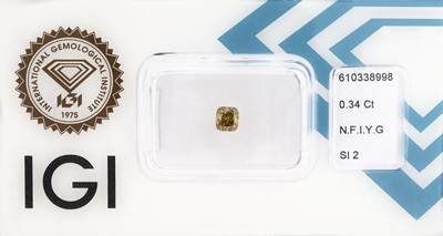 Image Loser Diamant 0.34 ct natural fancy intense yellowish green/si2, Cushion Cut, ...