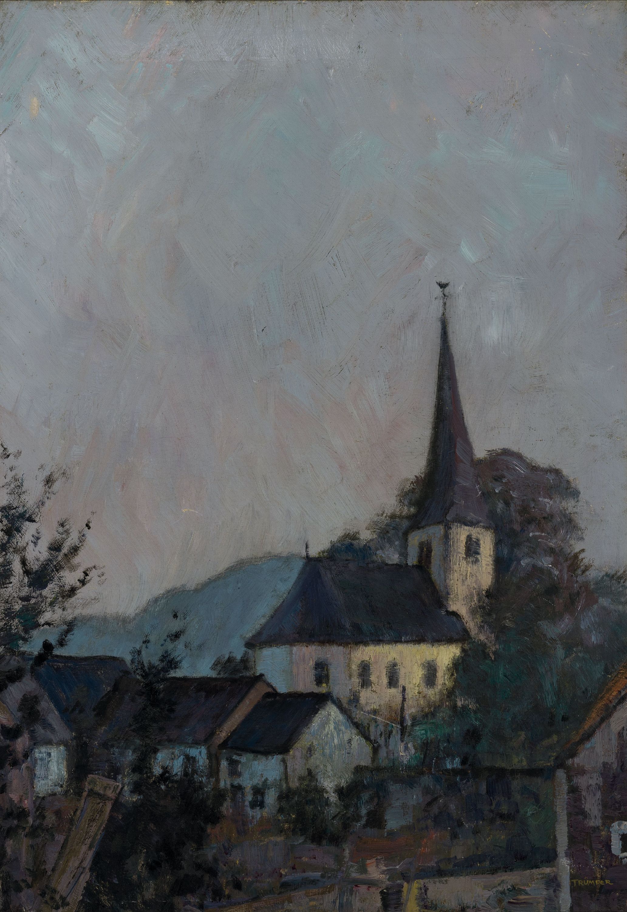 August Trümper, 1874 Altona-1956 Oberhausen, Blick auf eine Kirche im Dorf, Öl/Lwd, rechts unten sign., ca. 66x46cm, R. ca. 77x57cm, Studium an den ...