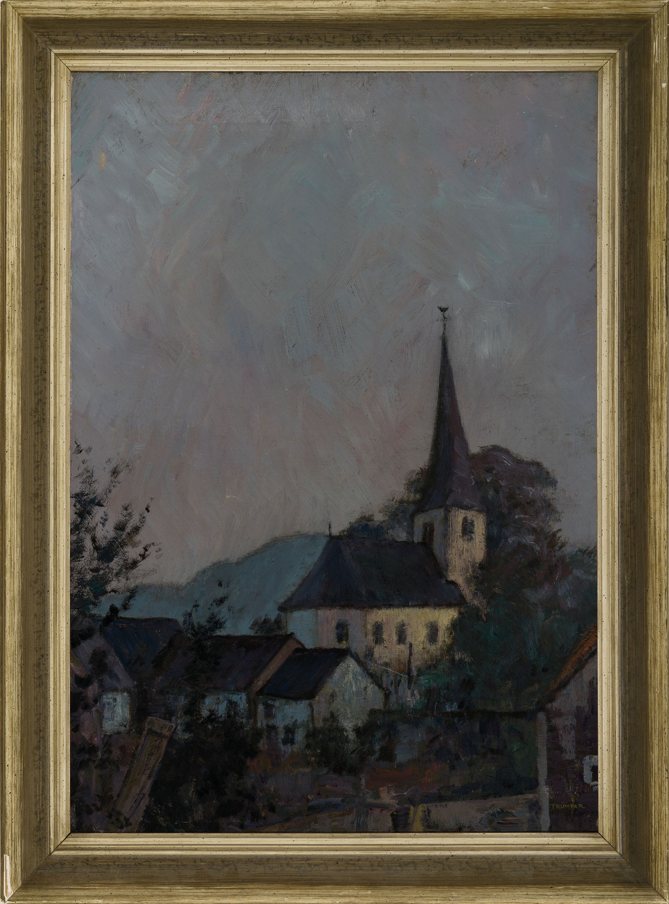 Detail k: August Trümper, 1874 Altona-1956 Oberhausen, Blick auf eine Kirche im Dorf, Öl/Lwd, rechts unten sign., ca. 66x46cm, R. ca. 77x57cm, Studium an den ...