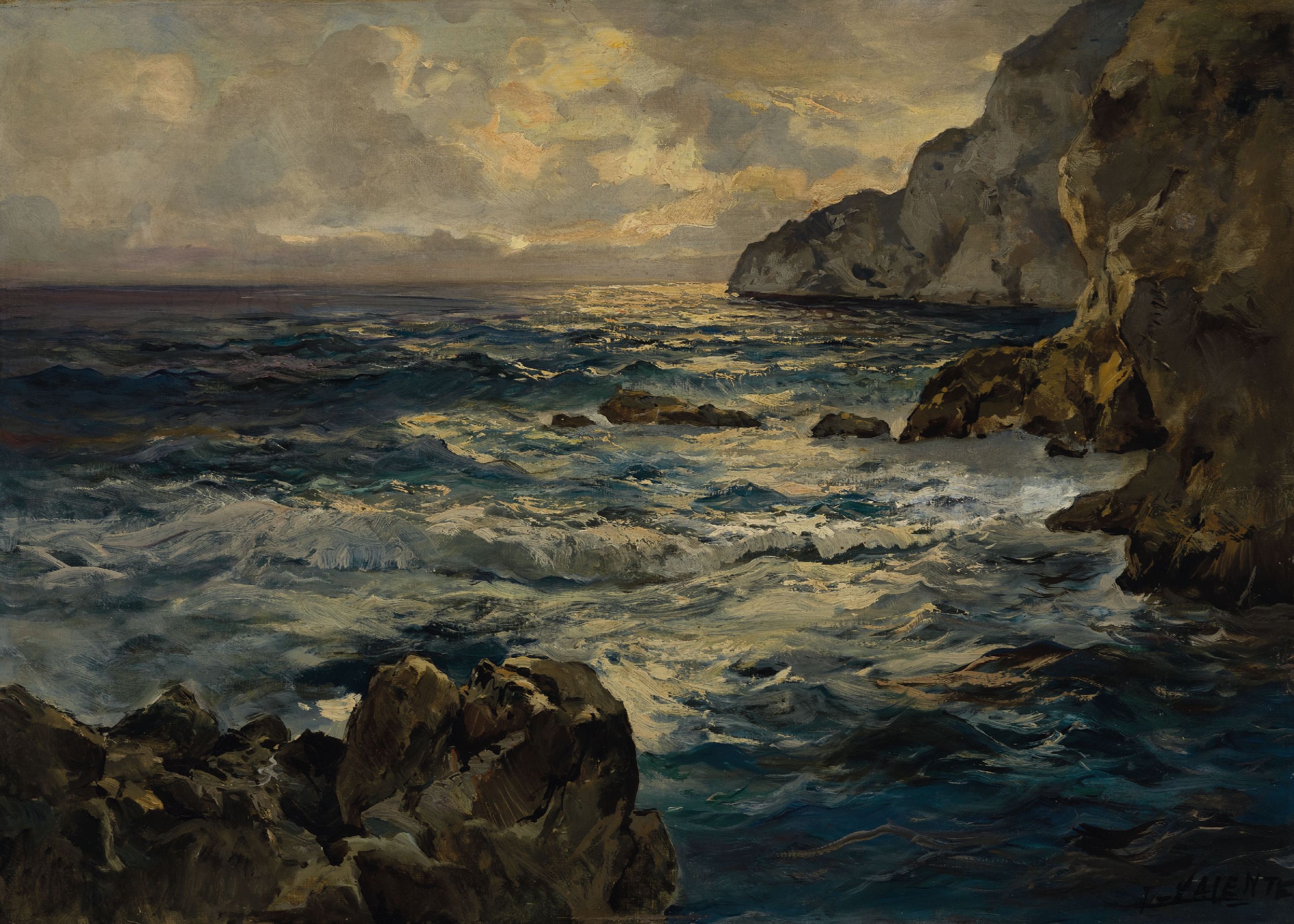 J. Valente, Maler der 1. Hälfte des 20. Jh., Brandung an der Felsenküste, Öl/Lwd, rechts unten sign., ca. 50x70cm, R. ca. 61x81cm, breiter ...