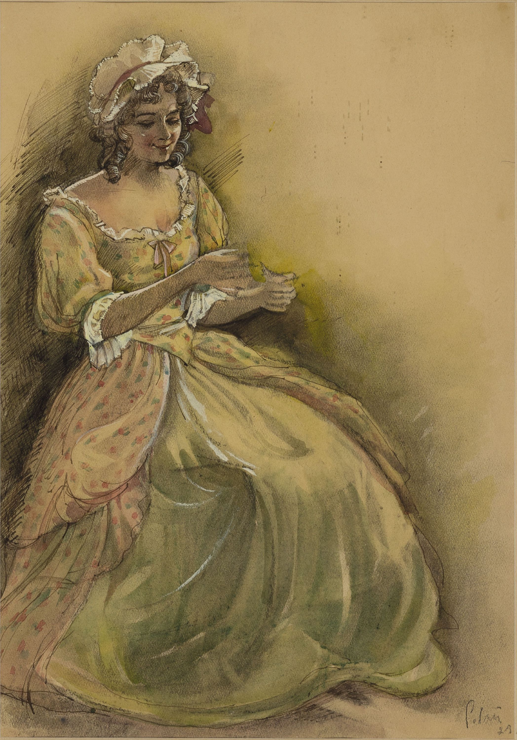 Karl Petau, 1890 Pirna-1947 Düsseldorf, Der Liebesbrief, Mädchen mit Haube beim Lesen, Aquarell und Gouache über Tusche, rechts unten sign. und ...