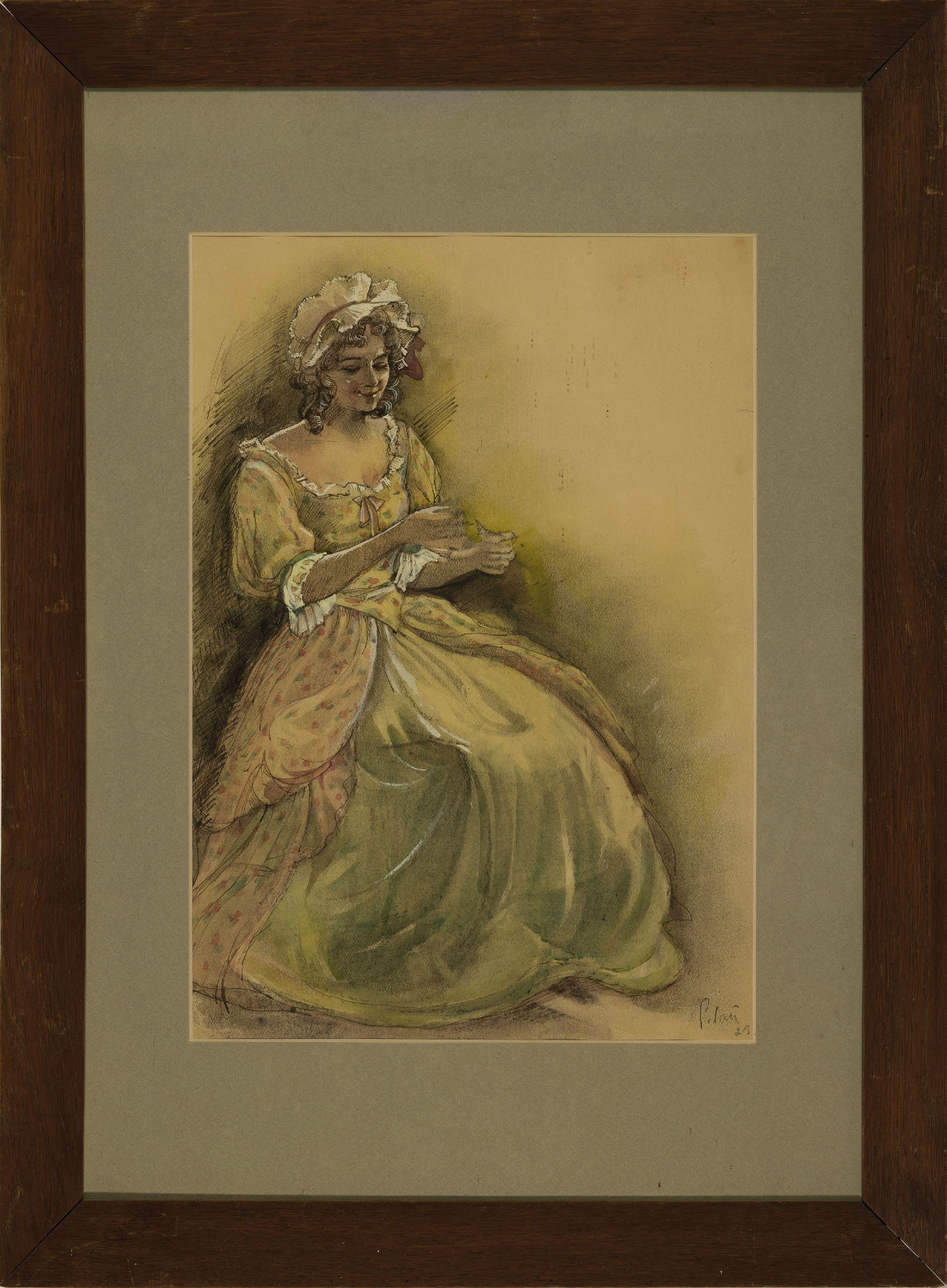 Detail k: Karl Petau, 1890 Pirna-1947 Düsseldorf, Der Liebesbrief, Mädchen mit Haube beim Lesen, Aquarell und Gouache über Tusche, rechts unten sign. und ...