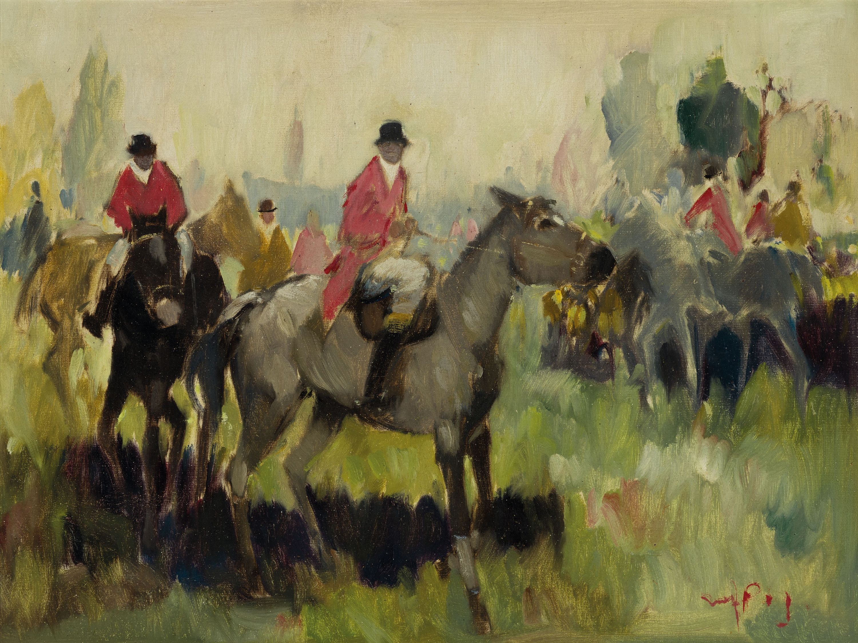 Walter Prescher van Ed, 1916 Dresden-1988 Ottendorf, Aufbruch zur Jagd, rückseitig so betitelt, Öl/Lwd, rechts unten sign., ca. 60x80cm, R. ca. ...