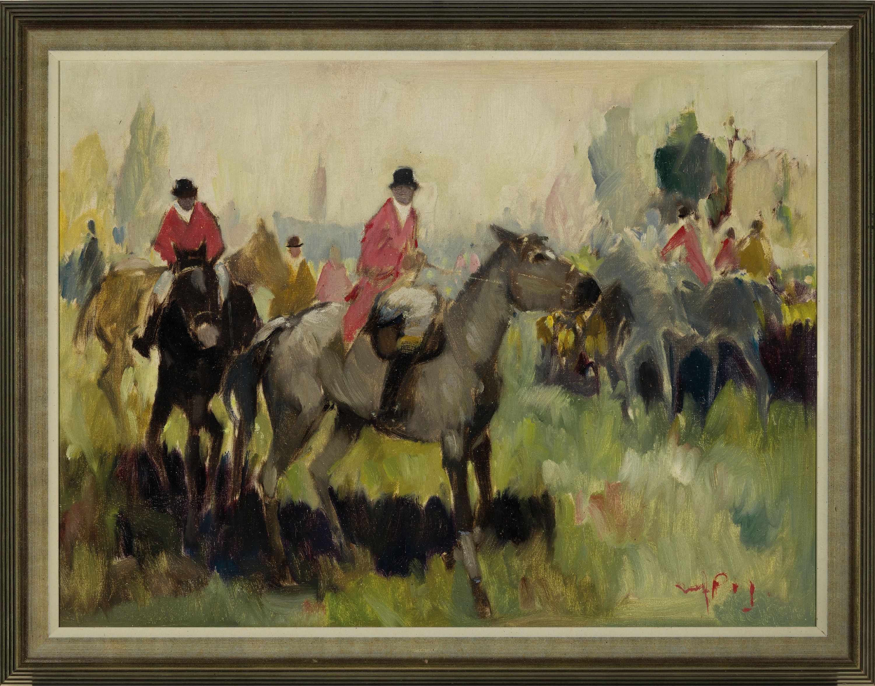 Detail k: Walter Prescher van Ed, 1916 Dresden-1988 Ottendorf, Aufbruch zur Jagd, rückseitig so betitelt, Öl/Lwd, rechts unten sign., ca. 60x80cm, R. ca. ...