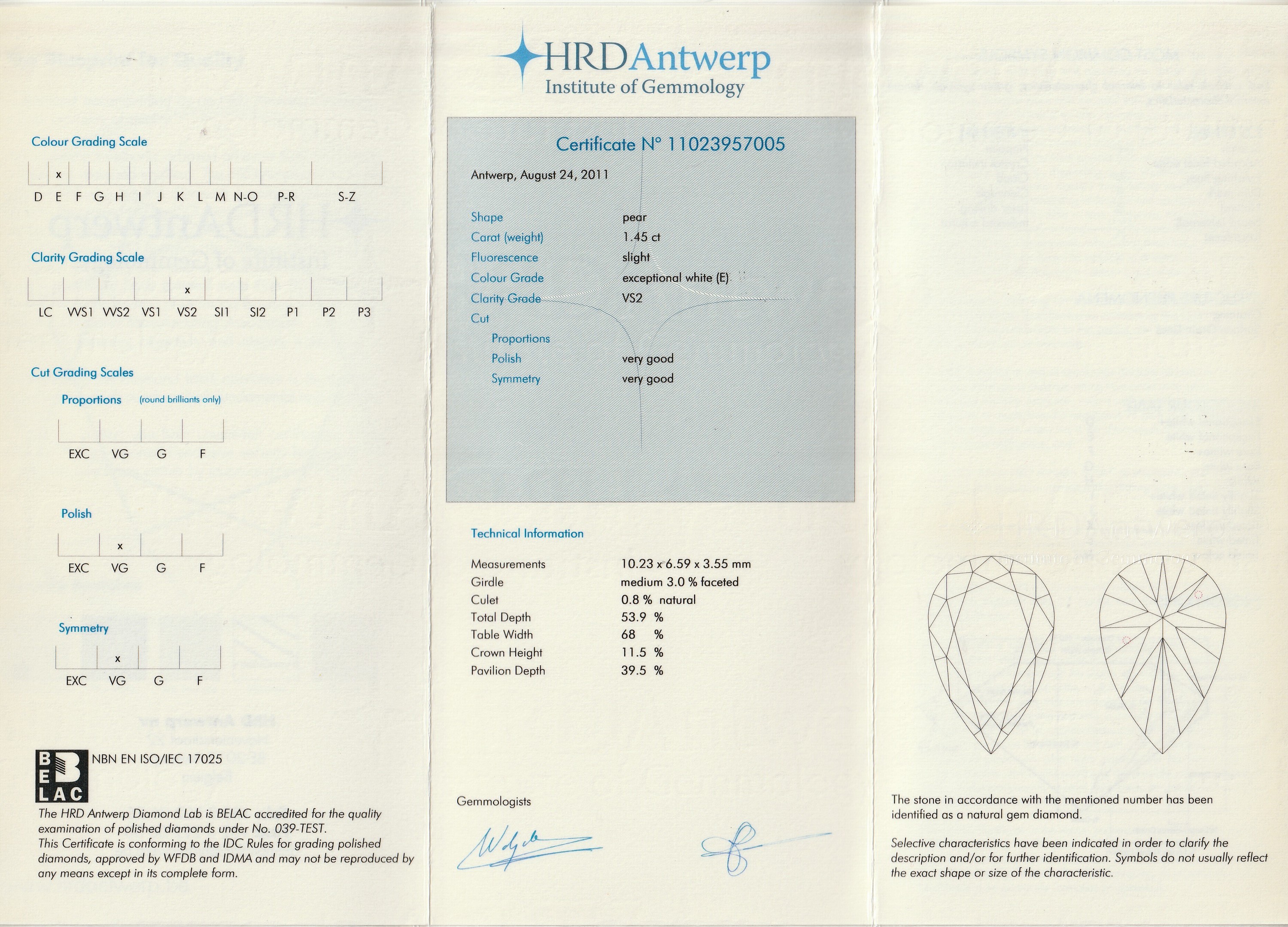 Detail c: Paar 18 kt Gold Diamant-Ohrstecker, WG 750/000, 1 Brillant ca. 0.78 ct feines Weiß/G)/vvs1, 1 Brillant ca. 0.78 ct Weiß (H)/vs1, 1 Diamant-Tropfen ...