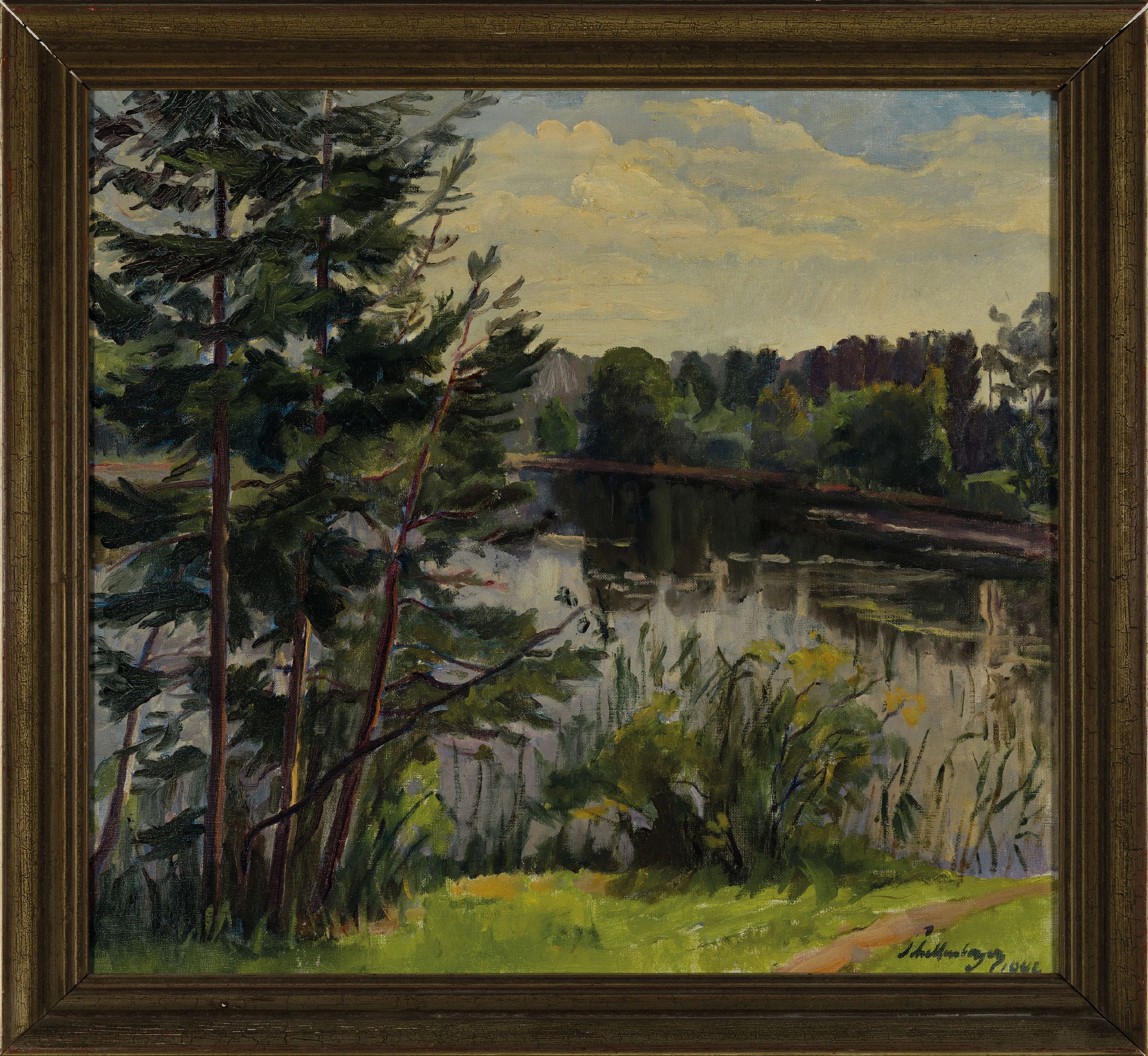 Detail k: Arthur Schellenberger, 1888 Rheinzabern - 1957München, Seelandschaft mit Baumbestand, signiert 1942 ?, Öl/Lwd, 55 x 60 cm, Rahmen sollte neu ...