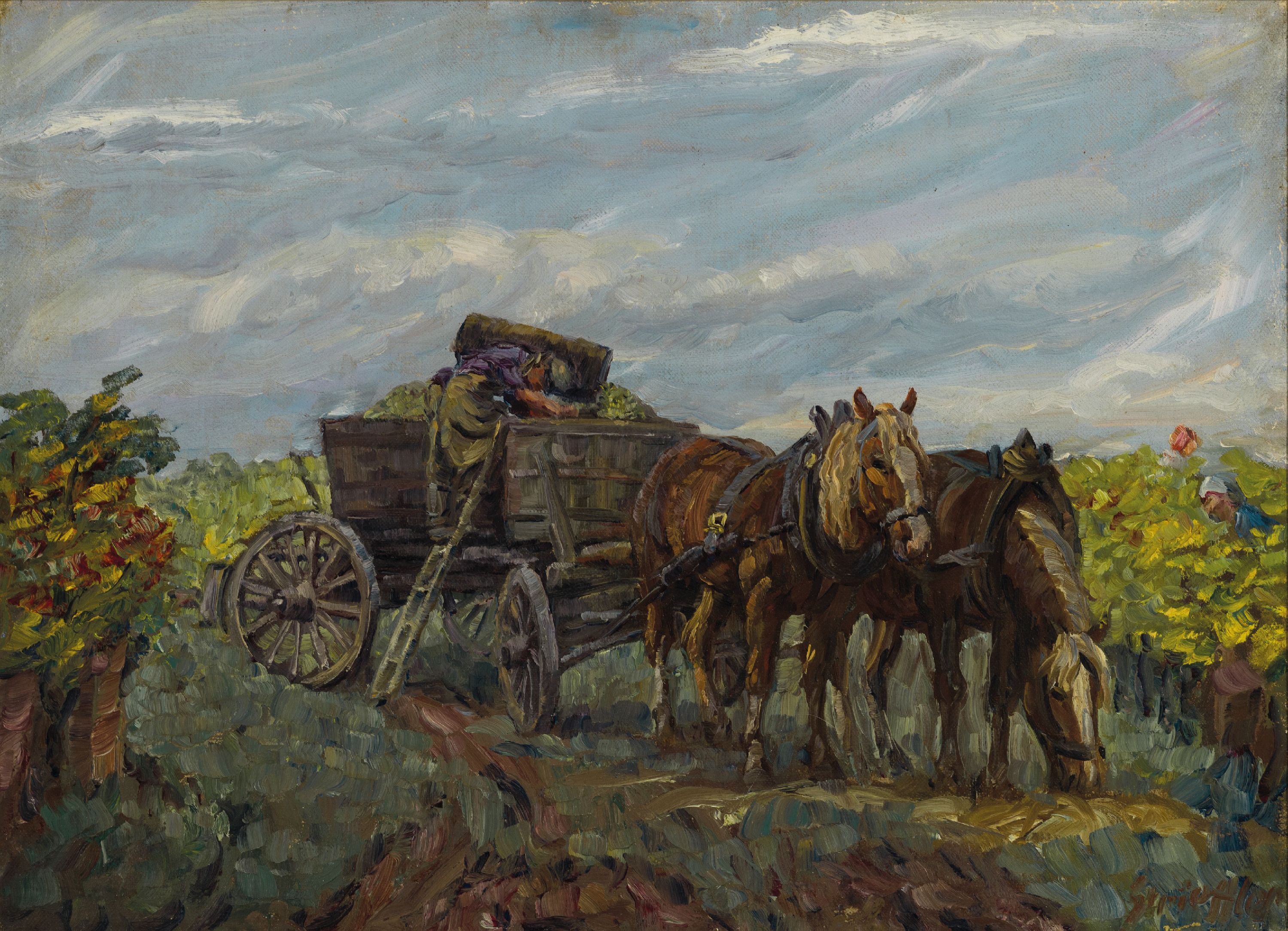 Heinrich Strieffler, 1872 Neustadt-1949 Landau, Weinlese mit Pferdefuhrwerk, Winzer beim entleeren der Bütte in die Mostlotten, rechts unten ...