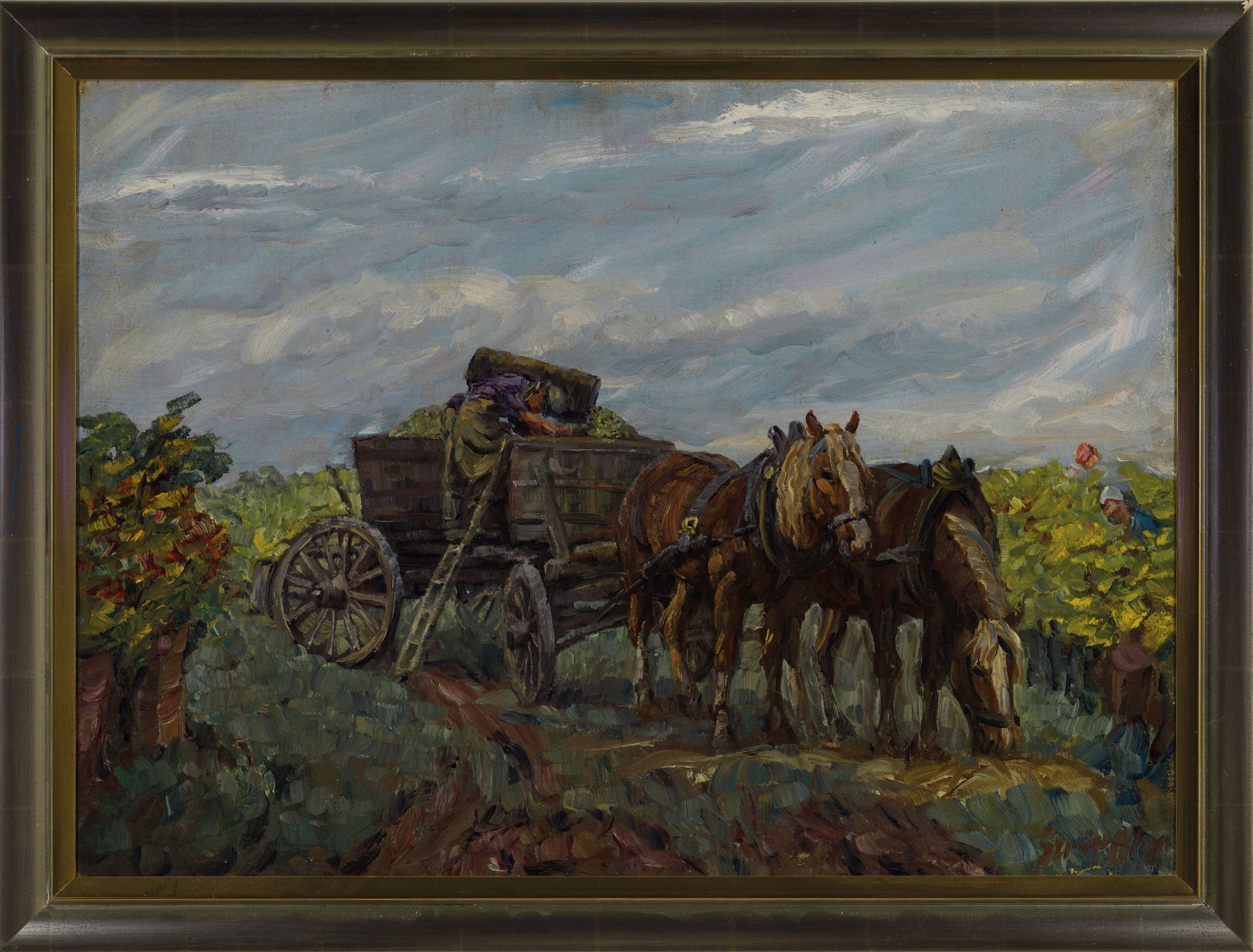 Detail k: Heinrich Strieffler, 1872 Neustadt-1949 Landau, Weinlese mit Pferdefuhrwerk, Winzer beim entleeren der Bütte in die Mostlotten, rechts unten ...