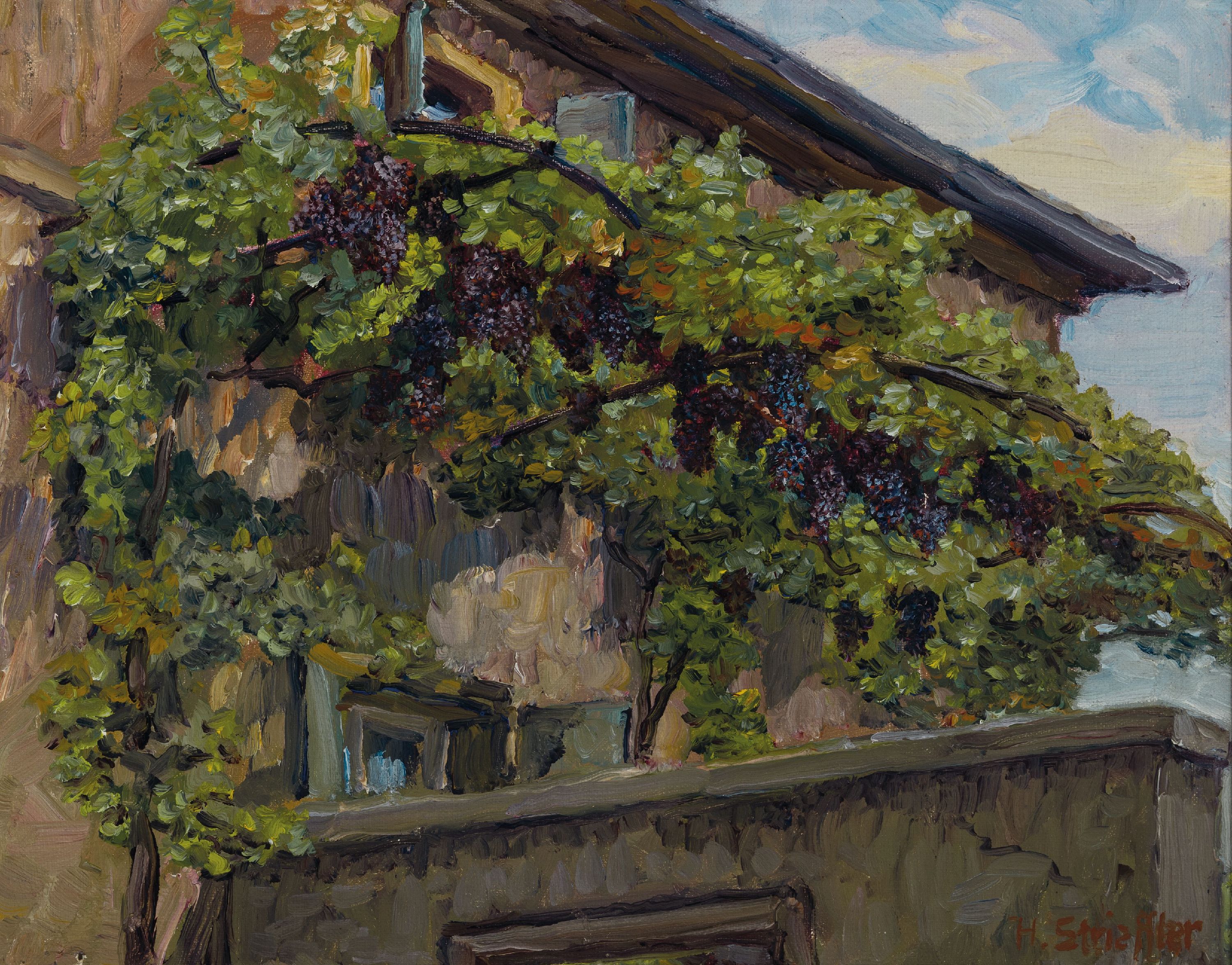 Heinrich Strieffler, 1872 Neustadt-1949 Landau, Weinreben, sich entlang einer Hausfassadenrankend, fein differenzierte Farbigkeit der ...