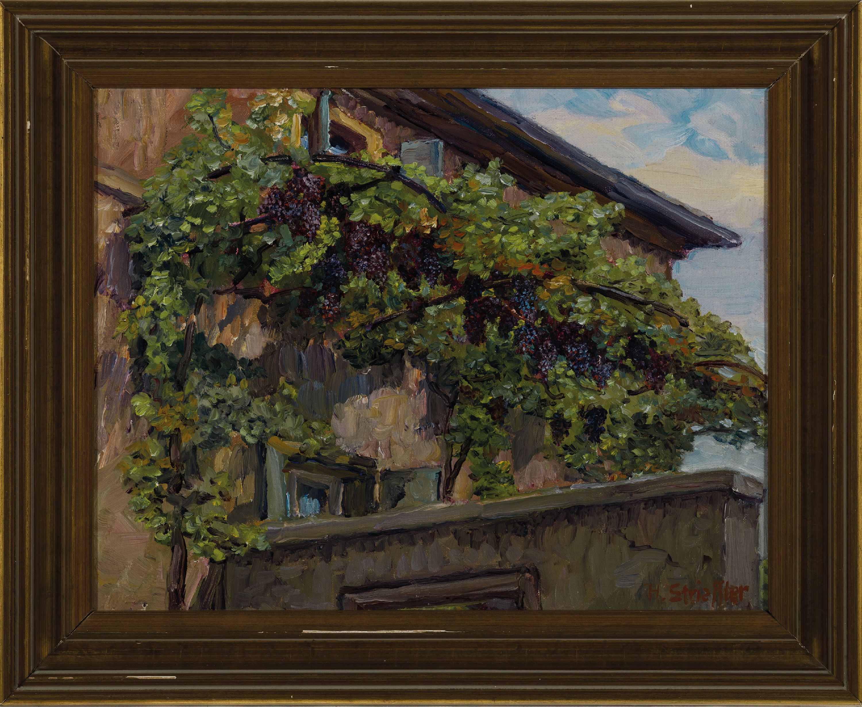 Detail k: Heinrich Strieffler, 1872 Neustadt-1949 Landau, Weinreben, sich entlang einer Hausfassadenrankend, fein differenzierte Farbigkeit der ...