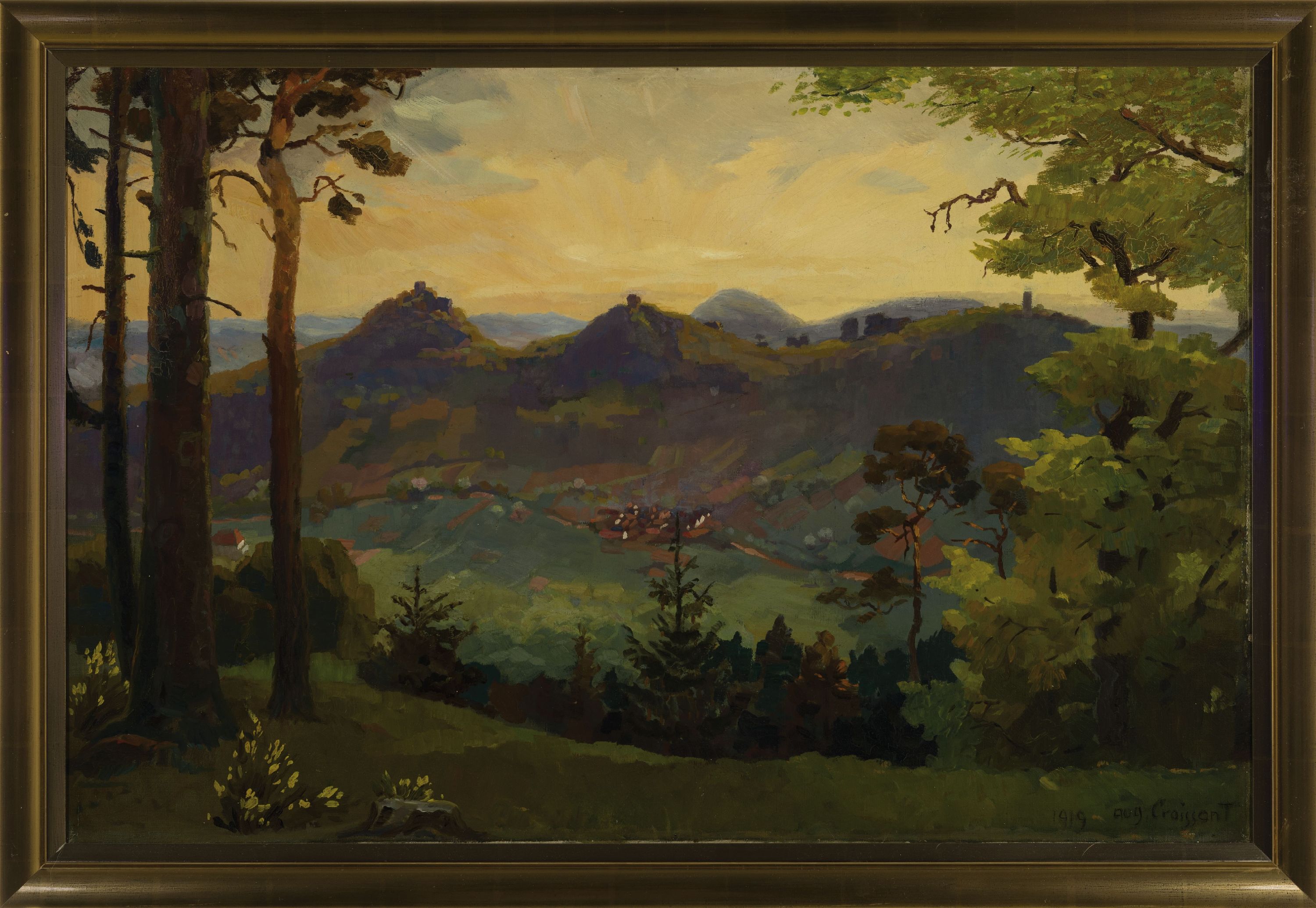 Detail k: August Croissant, 1870 Edenkoben-1941 Landau , Panorama der Trifels-Gruppe mit Annweiler vom Hohenberg aus gesehen, abendliche Lichtempfindung, 1919, ...