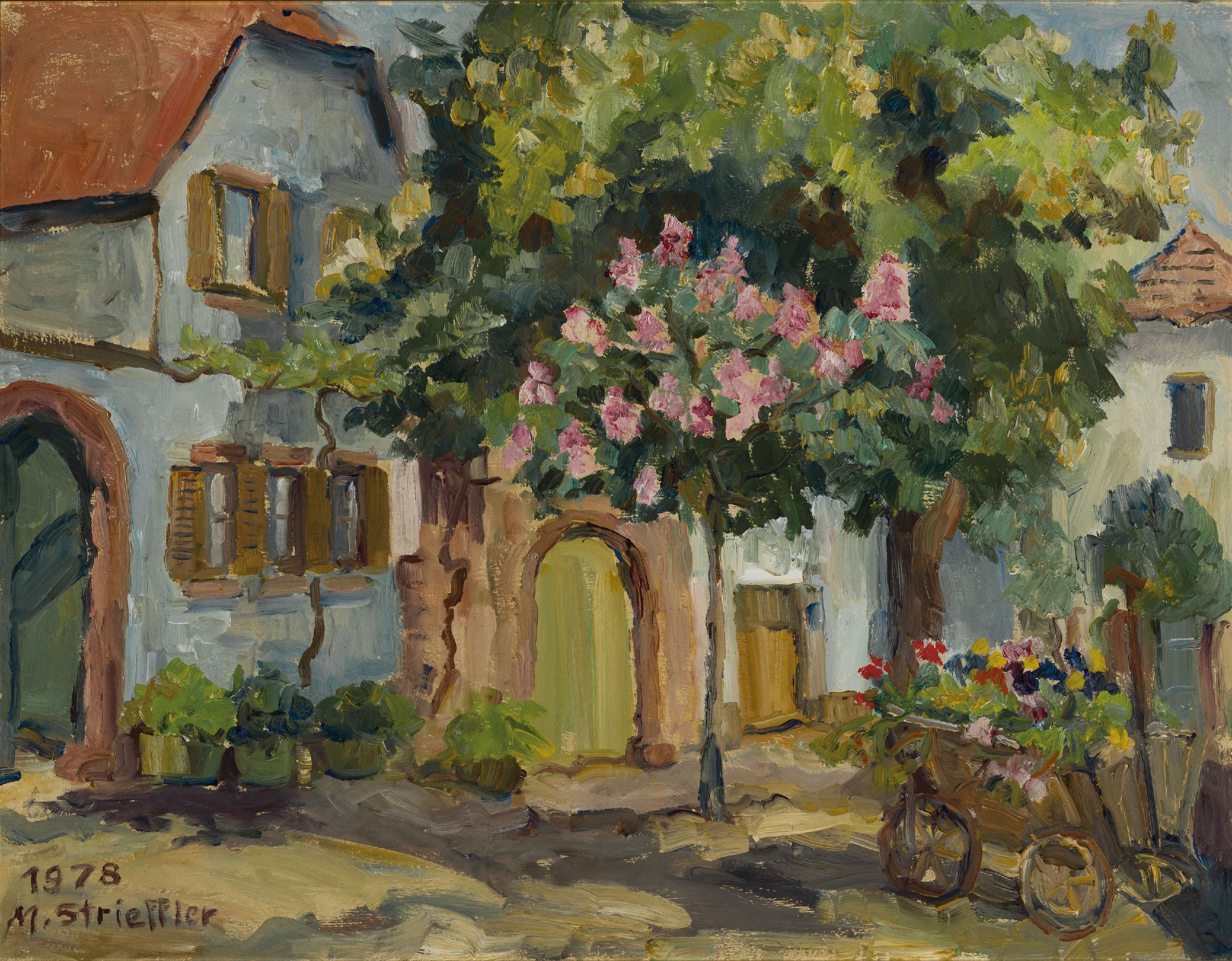 Marie Strieffler, 1917-1987 Landau, pfälzer Straßenzug mit blühender Kastanie, 1978, links unten signiert und datiert, Öl/Lwd, 59x76 cm, Rahmen ...