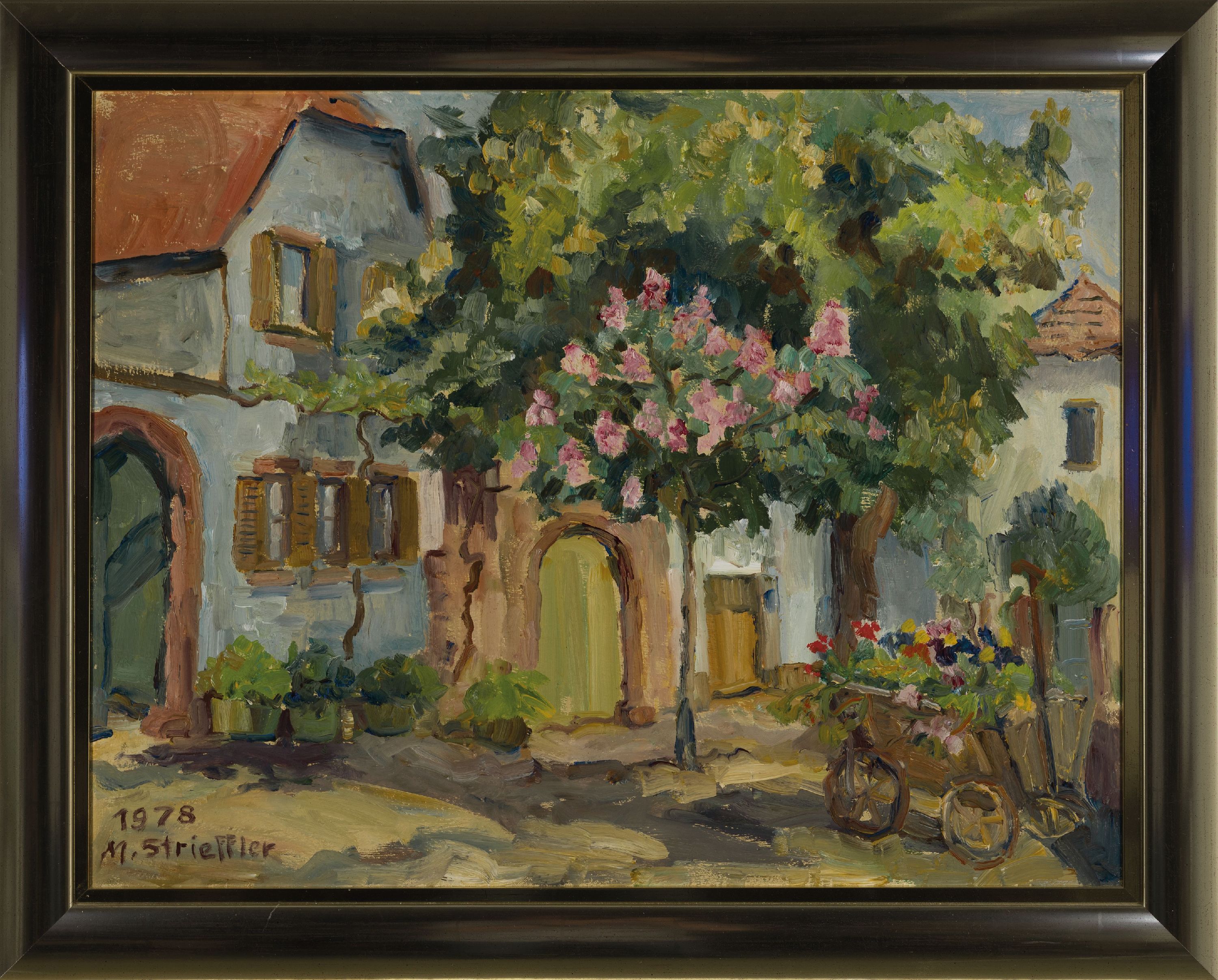 Detail k: Marie Strieffler, 1917-1987 Landau, pfälzer Straßenzug mit blühender Kastanie, 1978, links unten signiert und datiert, Öl/Lwd, 59x76 cm, Rahmen ...