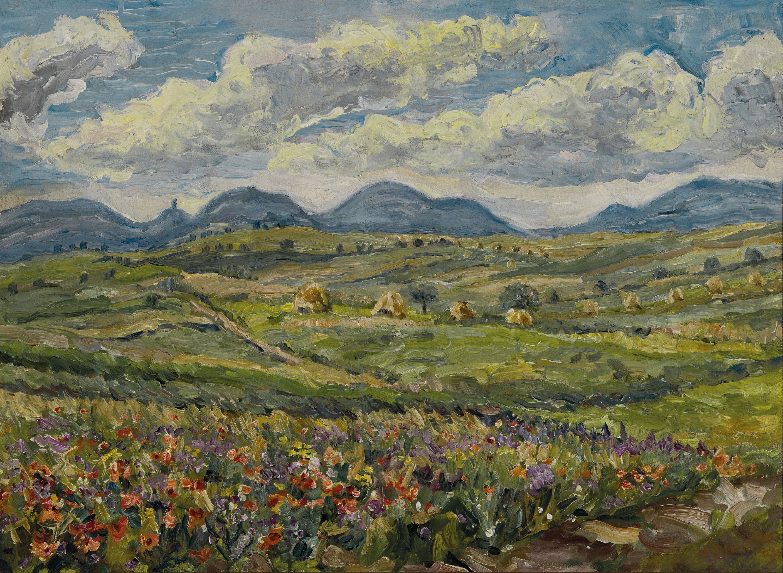 Marie Strieffler, 1917-1987 Landau, pfälzer Sommerlandschaft, 1954, rechts unten signiert und datiert, Öl/Lwd, 48x65 cm, Rahmen 57x74 cm
