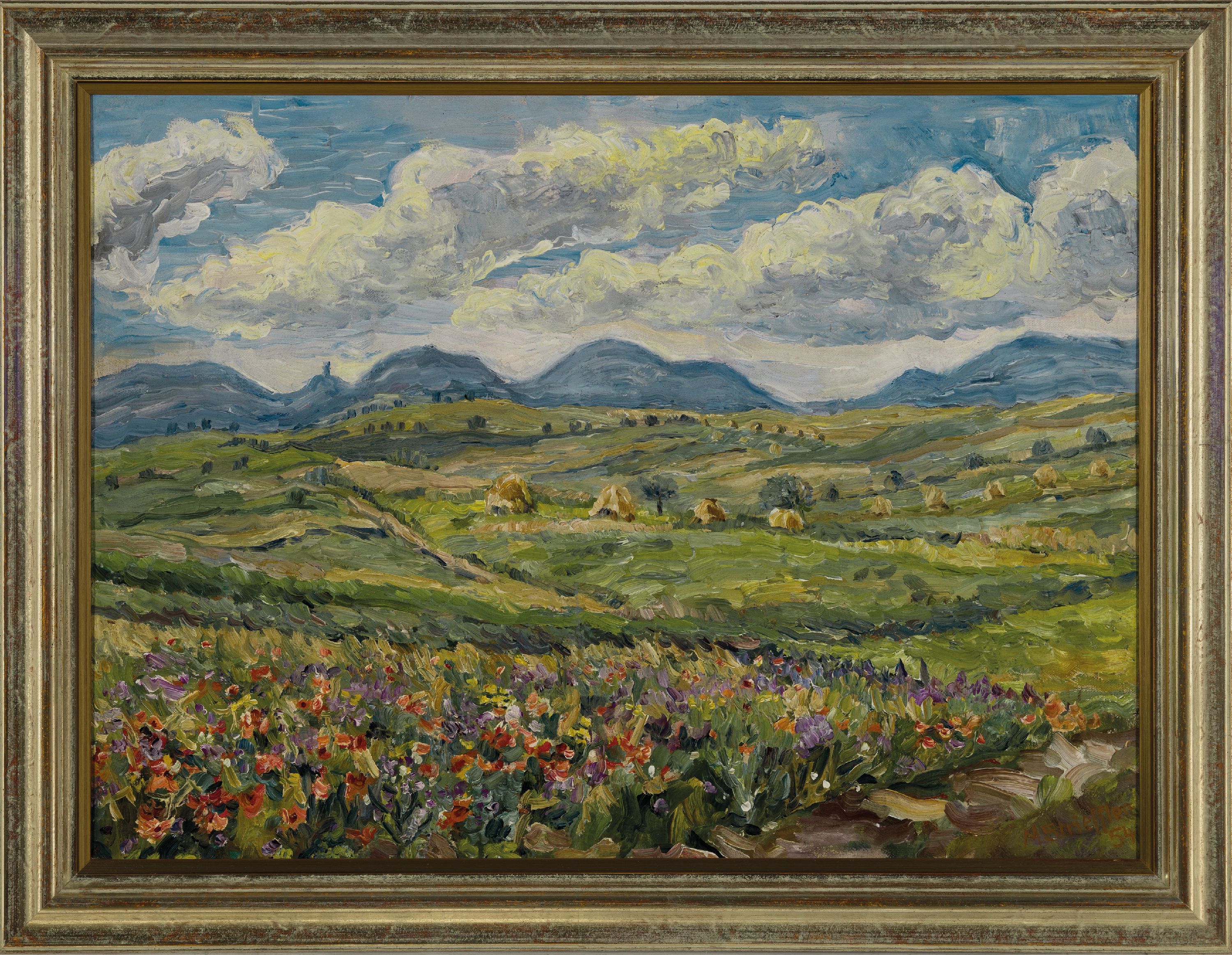 Detail k: Marie Strieffler, 1917-1987 Landau, pfälzer Sommerlandschaft, 1954, rechts unten signiert und datiert, Öl/Lwd, 48x65 cm, Rahmen 57x74 cm