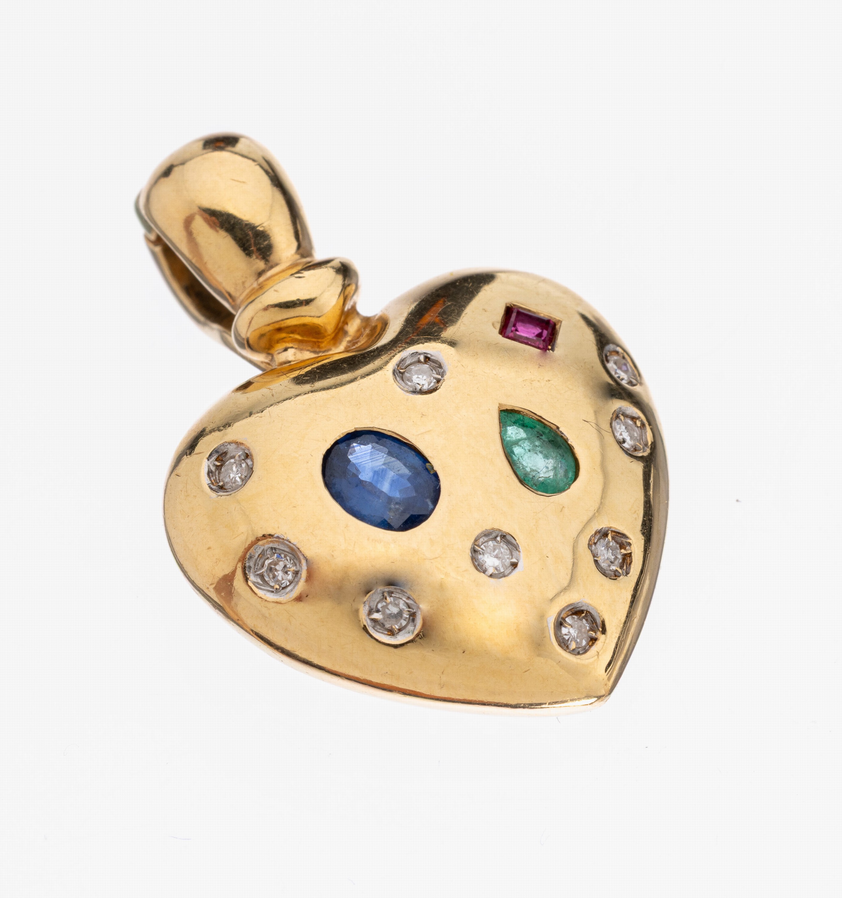 14 kt Gold Farbstein-Diamant-Clipanhänger, GG 585/000, 9 8/8-Diamanten zus. ca. 0.08 ct Weiß/si, ovalfacett. Saphir ca. 0.20 ct, Smaragd-Navette ...