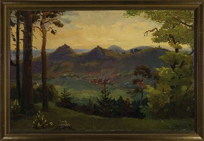 26965076k - August Croissant, 1870 Edenkoben-1941 Landau , Panorama der Trifels-Gruppe mit Annweiler ...