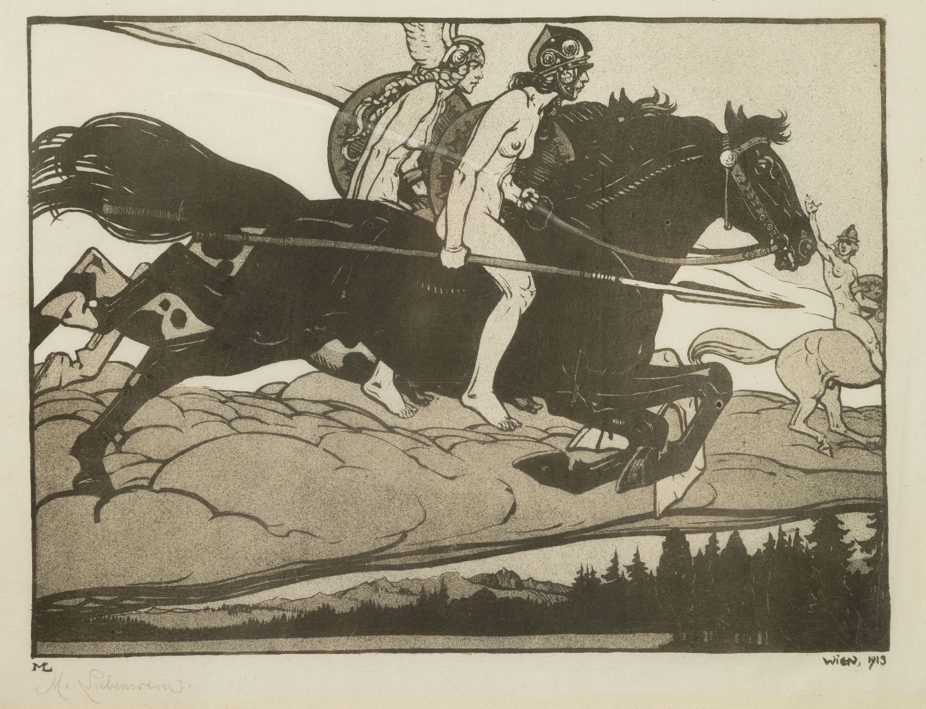 Maximilian Liebenwein, 1869-1926, Amazonen, Lithographie von 1913, handsigniert, ca. 26.5x34.5cm, Ränder leicht knittrig