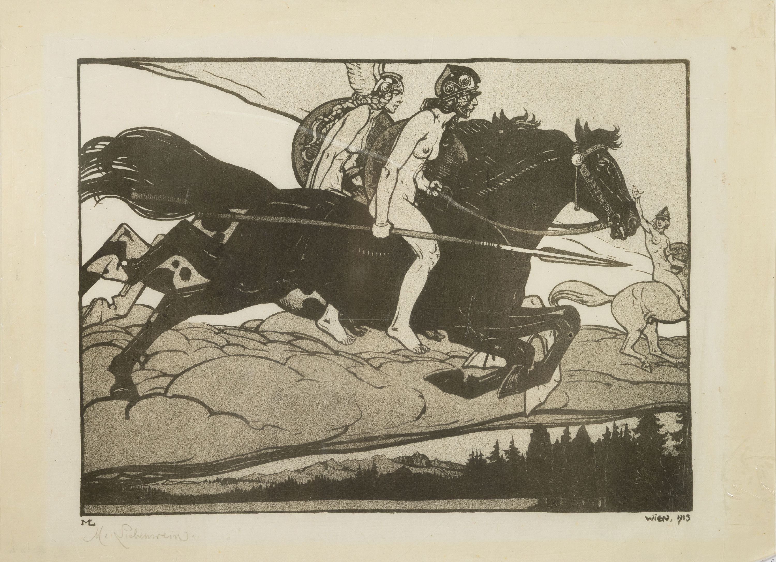 Detail k: Maximilian Liebenwein, 1869-1926, Amazonen, Lithographie von 1913, handsigniert, ca. 26.5x34.5cm, Ränder leicht knittrig