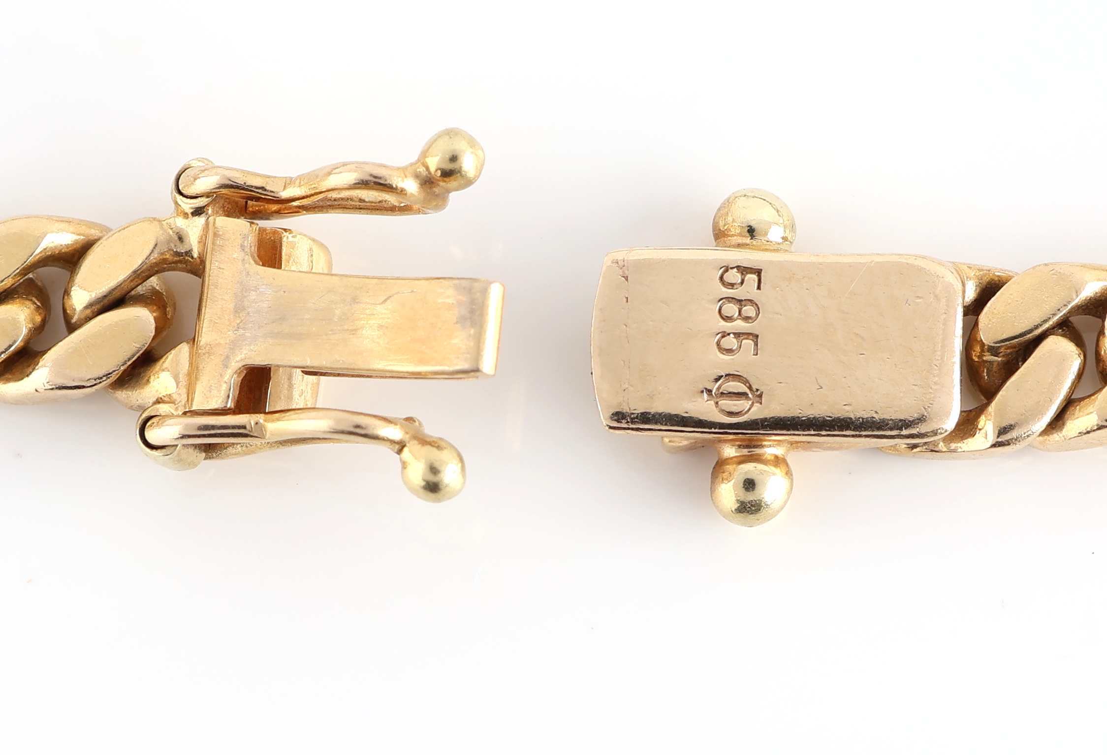 Detail b: 14 kt Gold Saphir-Armband, GG 585/000, Flachpanzer, 5 ovale Saphir-Cabochons, L. ca. 19 cm, Kastenschloss mit 2 Sicherheitsachten, ca. 16.0 g