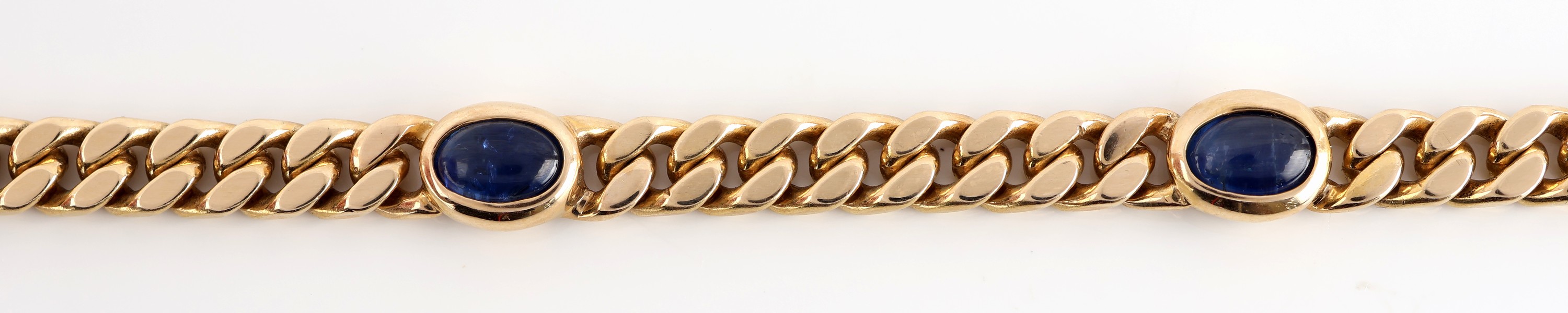 Detail c: 14 kt Gold Saphir-Armband, GG 585/000, Flachpanzer, 5 ovale Saphir-Cabochons, L. ca. 19 cm, Kastenschloss mit 2 Sicherheitsachten, ca. 16.0 g