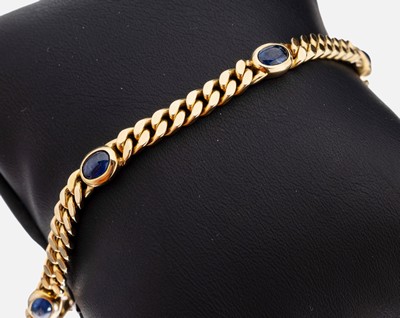Image 14 kt Gold Saphir-Armband, GG 585/000, Flachpanzer, 5 ovale Saphir-Cabochons, L. ca. 19 ...