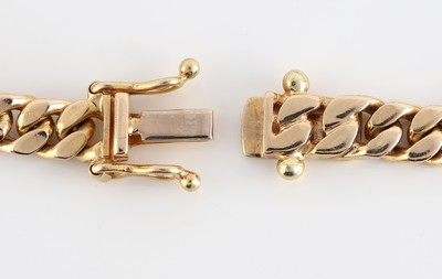 26965656a - 14 kt Gold Saphir-Armband, GG 585/000, Flachpanzer, 5 ovale Saphir-Cabochons, L. ca. 19 ...
