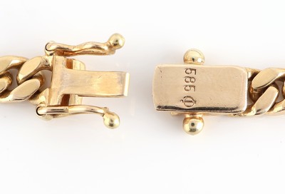 26965656b - 14 kt Gold Saphir-Armband, GG 585/000, Flachpanzer, 5 ovale Saphir-Cabochons, L. ca. 19 ...