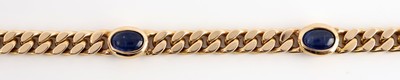 26965656c - 14 kt Gold Saphir-Armband, GG 585/000, Flachpanzer, 5 ovale Saphir-Cabochons, L. ca. 19 ...