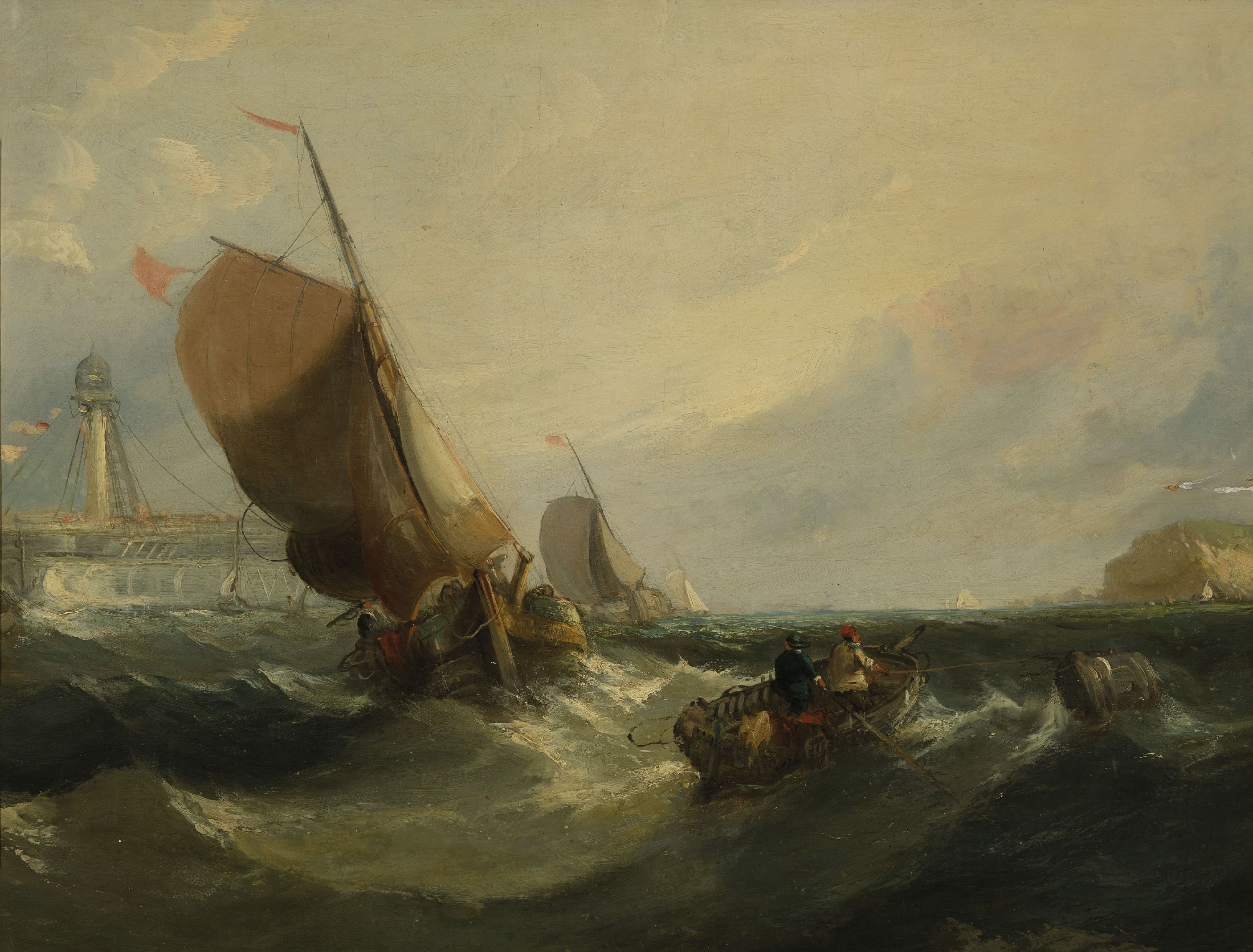 Alfred Montague, 1832 London-um 1883, maritime Szene, Fischer im Ruderboot und zwei Segelschiffe vor Mole mit Leuchtturm, Öl/Lwd/Holz, auf Segelboot ...