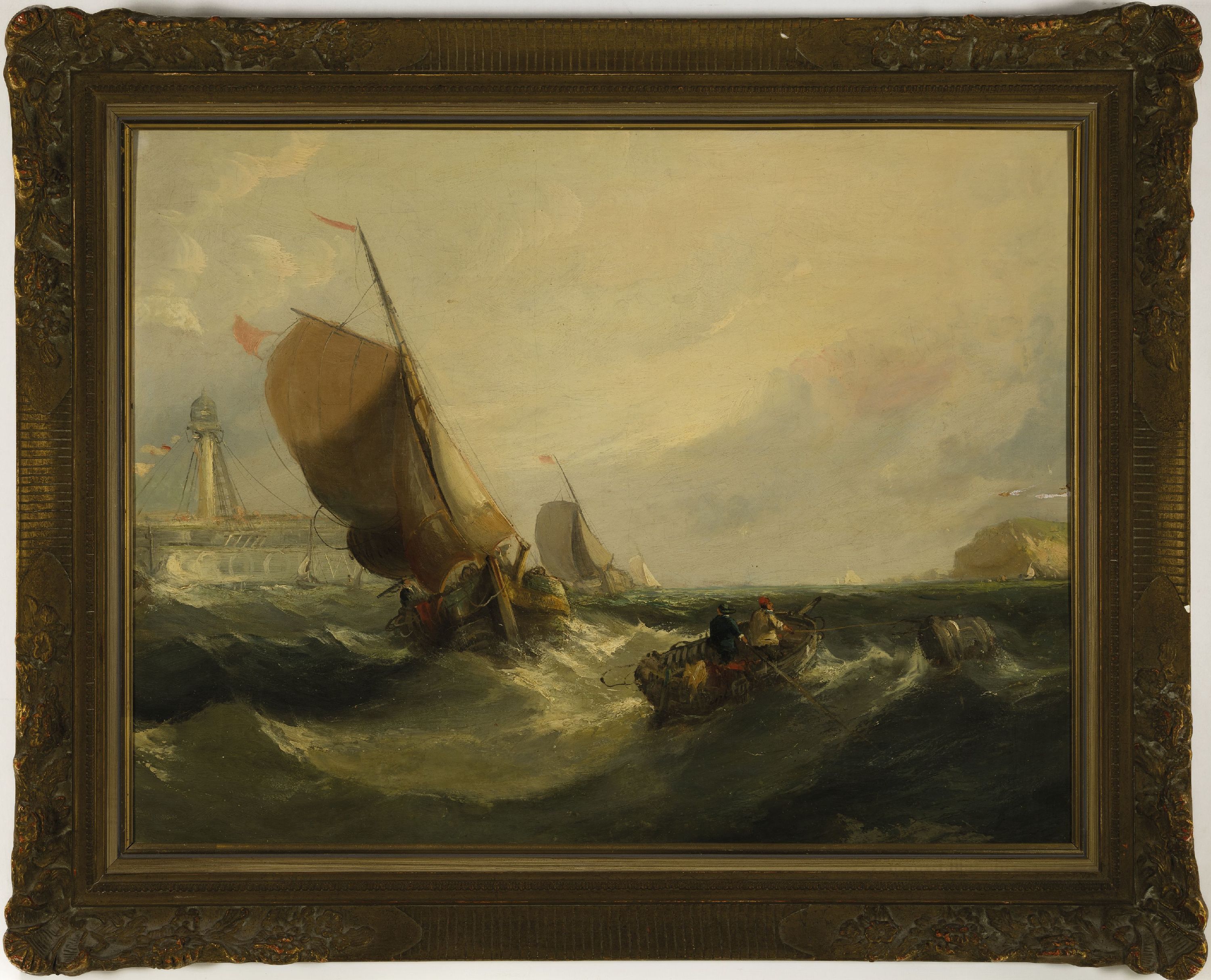 Detail k: Alfred Montague, 1832 London-um 1883, maritime Szene, Fischer im Ruderboot und zwei Segelschiffe vor Mole mit Leuchtturm, Öl/Lwd/Holz, auf Segelboot ...