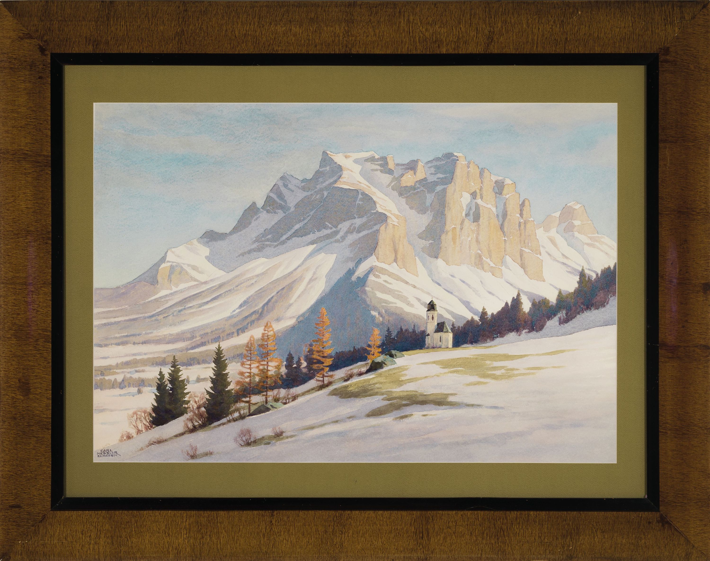 Detail k: Carl Kessler, 1876 Coburg-1968 München, verschneite Winterlandschaft in den Alpen, Aquarell auf Papier, links unten sign. und bez. Heimstetten, ca. ...