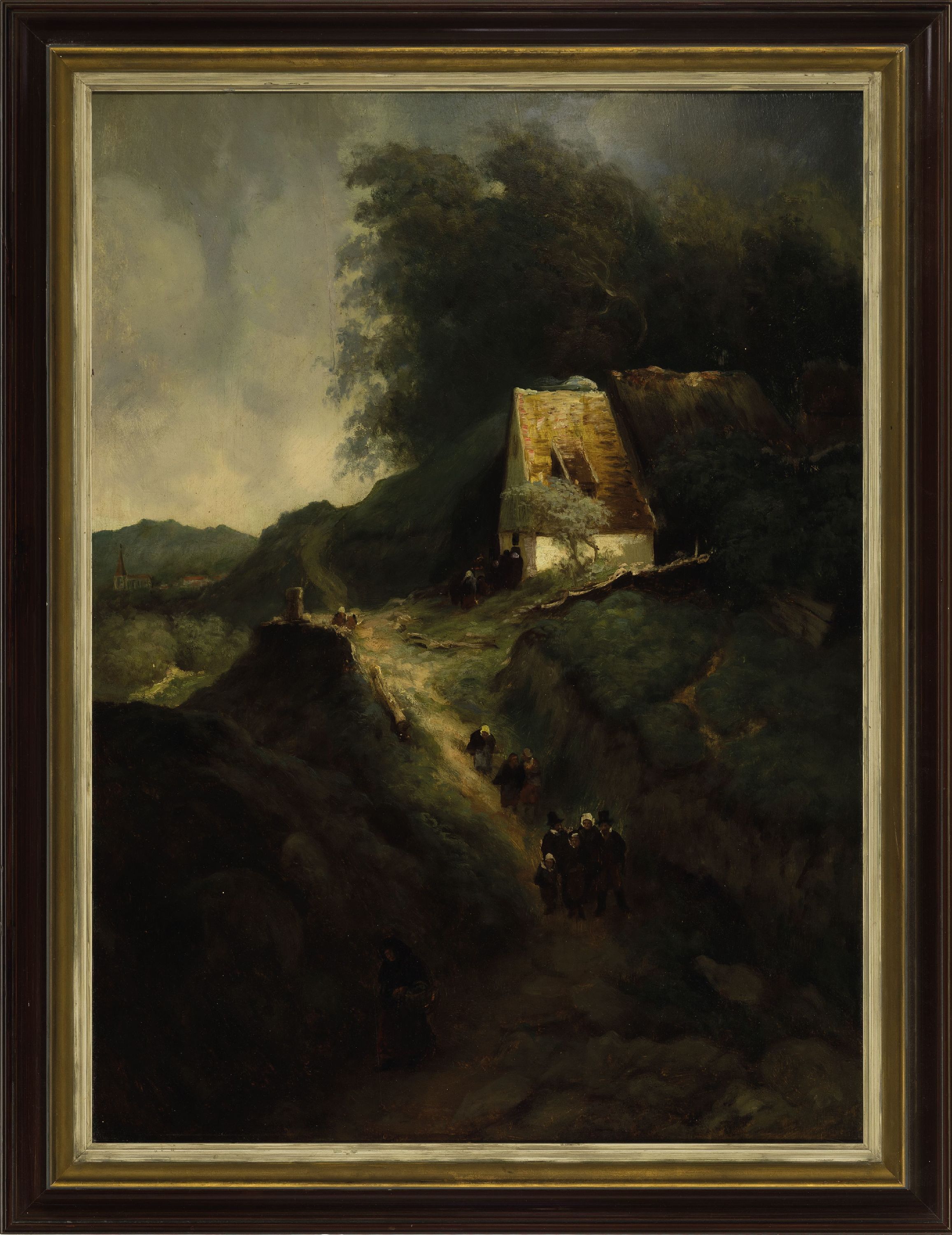 Detail k: Kopie nach Andreas Achenbach (1815-1910), um 1900, nach dem Original von 1871, Westfälische Landschaft mit Haus und Personen, Öl/Malkarton, ...