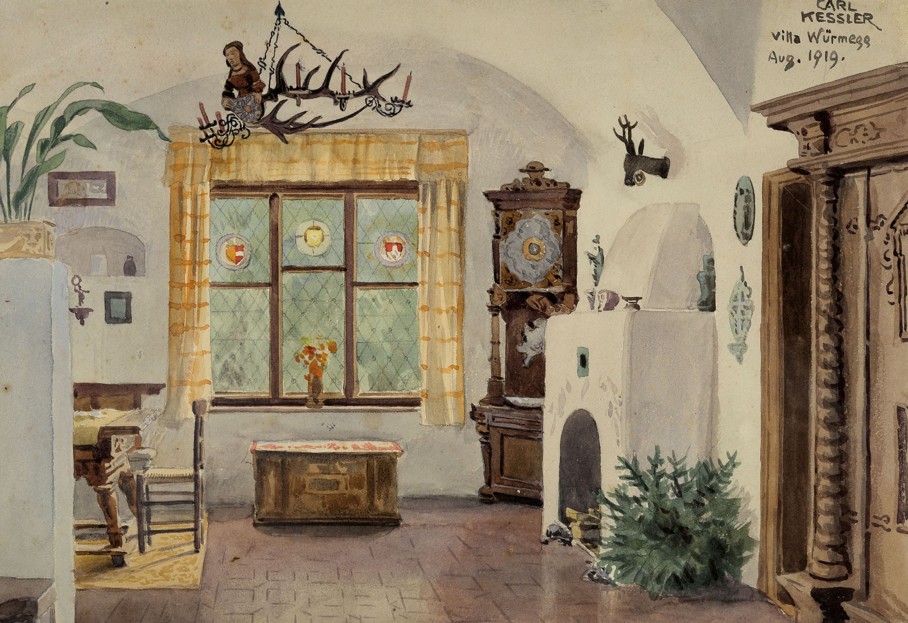 Carl Kessler, 1876 Coburg-1968 München, Interieur der Villa Würmegg Aug. 1919, so rechts oben bez. und sign., Aquarell auf Papier, ca. 24x34cm, PP