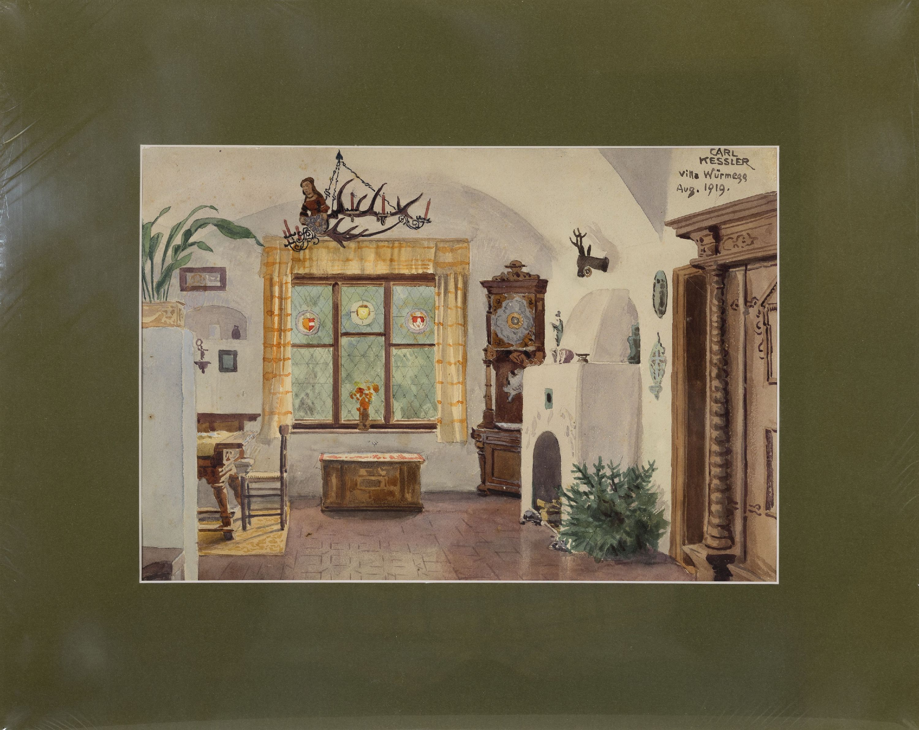 Detail k: Carl Kessler, 1876 Coburg-1968 München, Interieur der Villa Würmegg Aug. 1919, so rechts oben bez. und sign., Aquarell auf Papier, ca. 24x34cm, PP