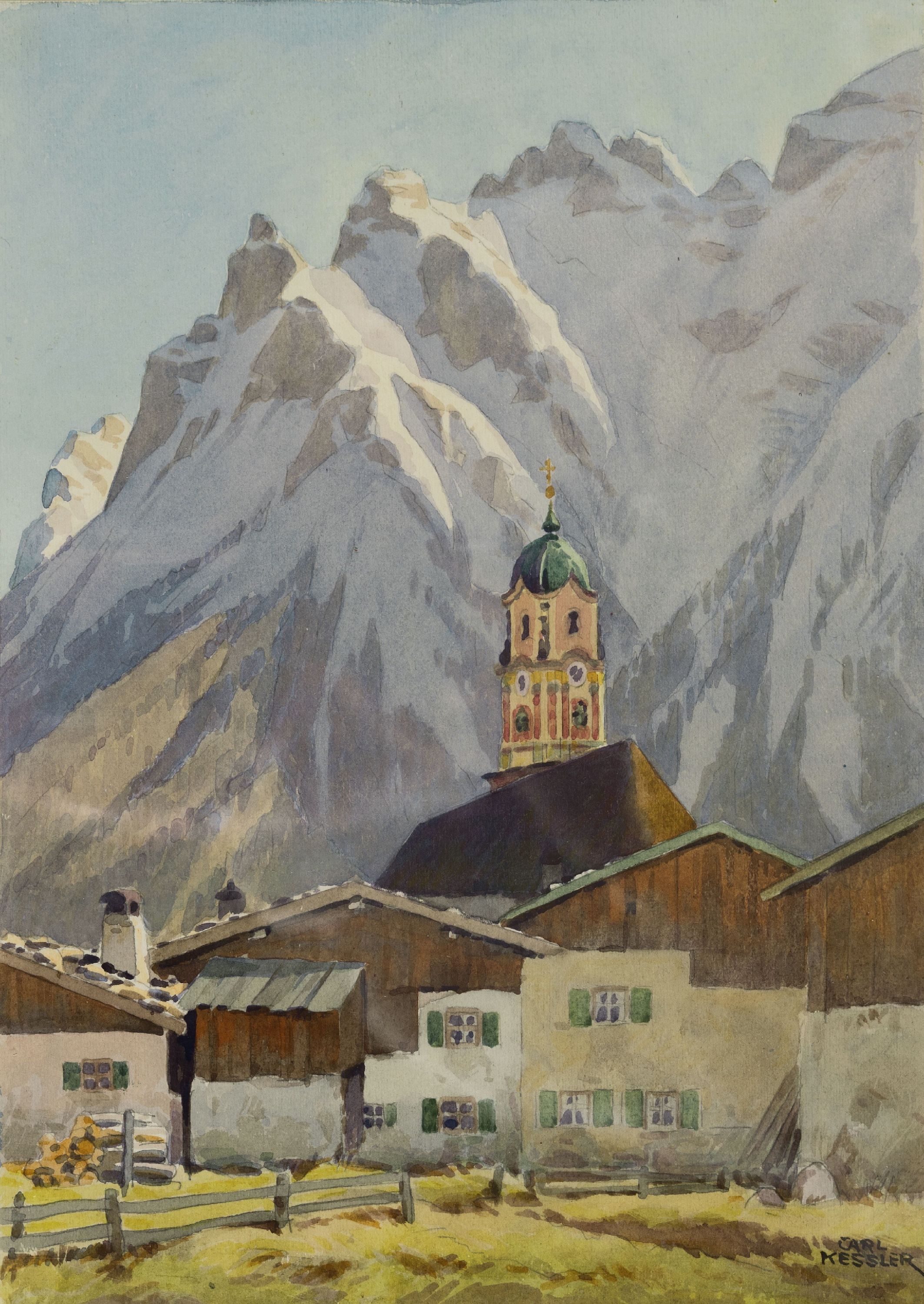 Carl Kessler, 1876 Coburg-1968 München, Ansicht von Mittenwald, Aquarell auf Papier, rechts unten sign., ca. 25x18cm