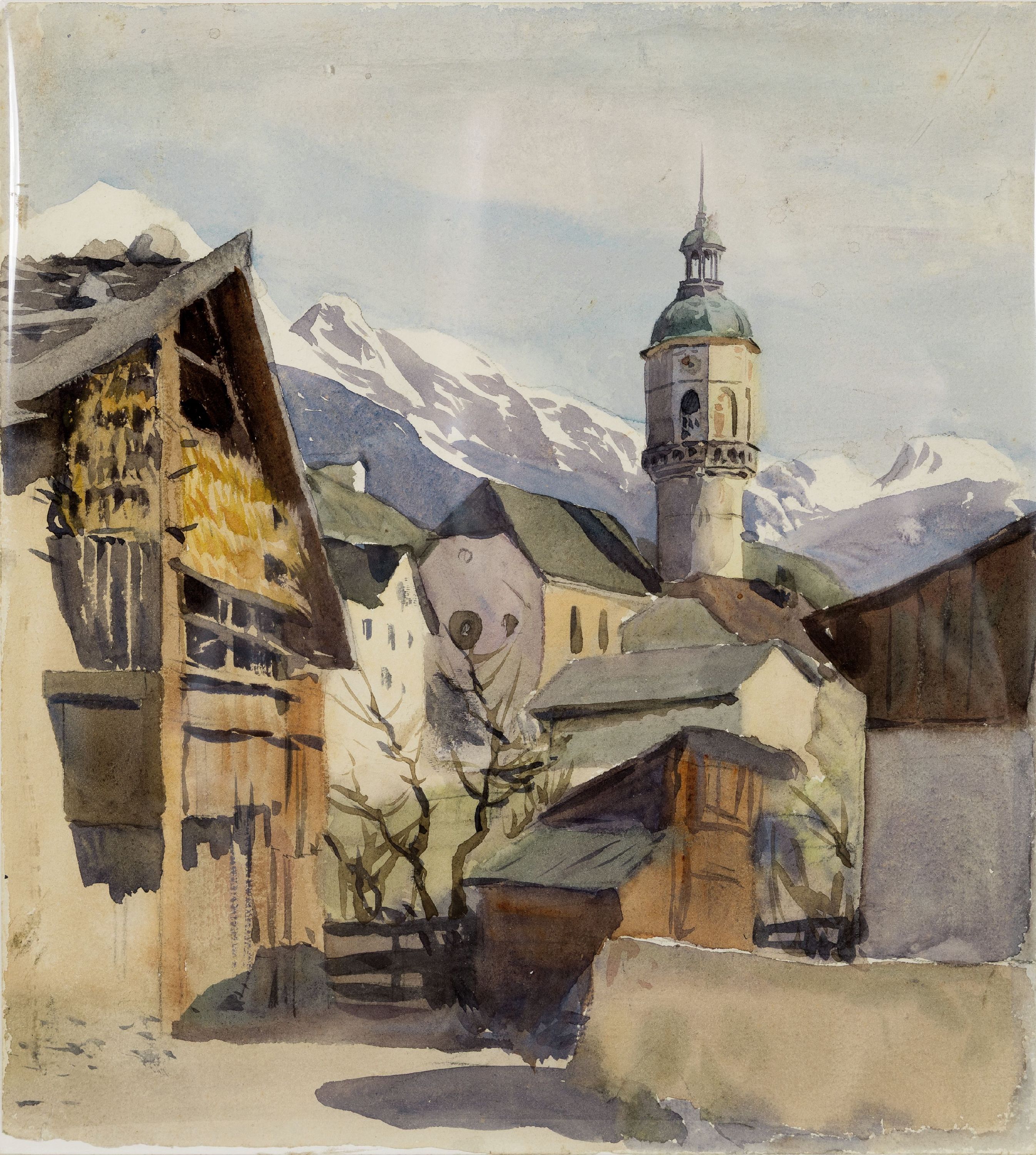 Carl Kessler, 1876 Coburg-1968 München, 2 Aquarelle:1x bez. Oberjoch, verschneite alpine Winterlandschaft, ca. 25.5x36.5cm, 1x Ansicht aus Hötting ...