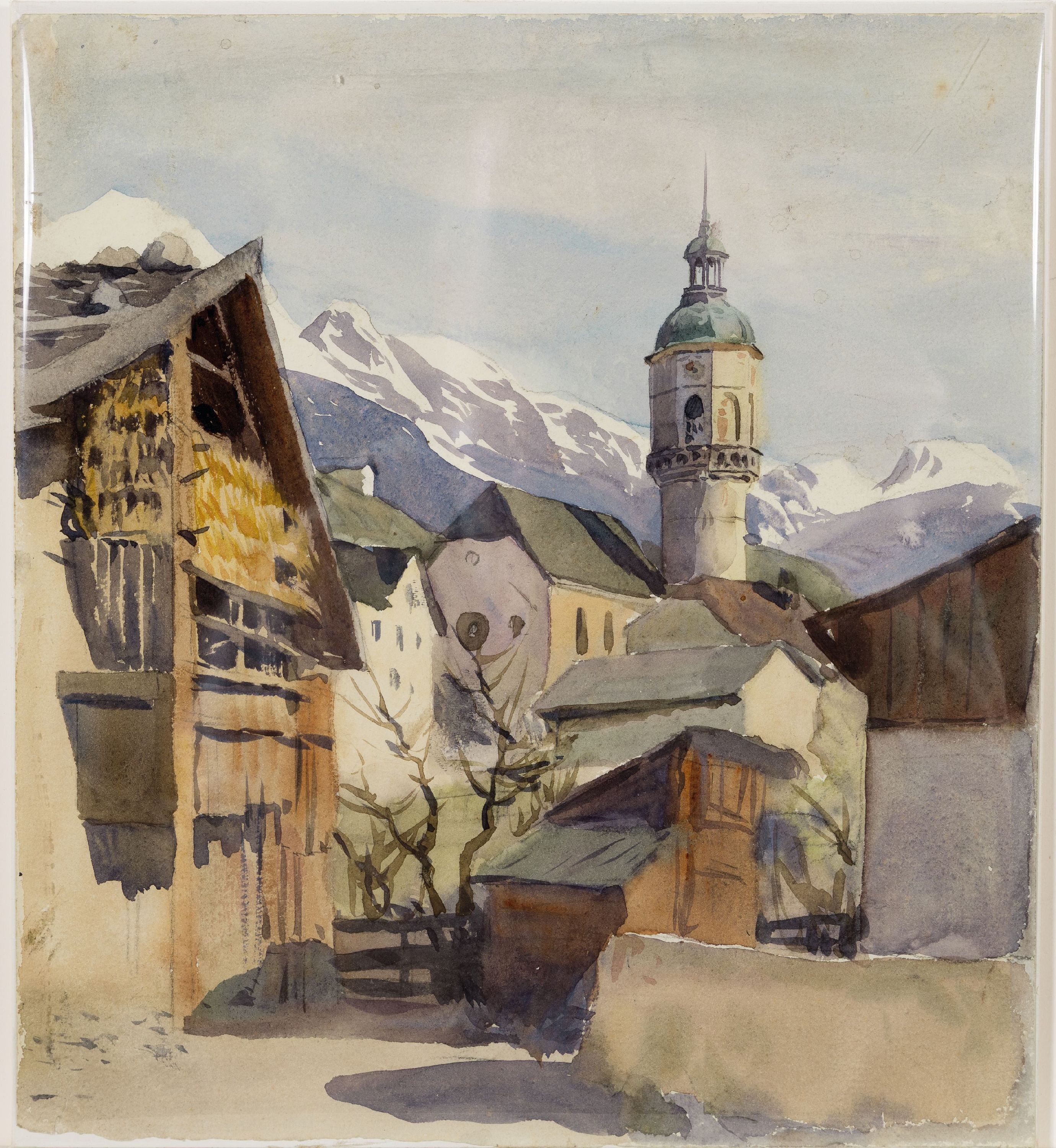 Detail k: Carl Kessler, 1876 Coburg-1968 München, 2 Aquarelle:1x bez. Oberjoch, verschneite alpine Winterlandschaft, ca. 25.5x36.5cm, 1x Ansicht aus Hötting ...
