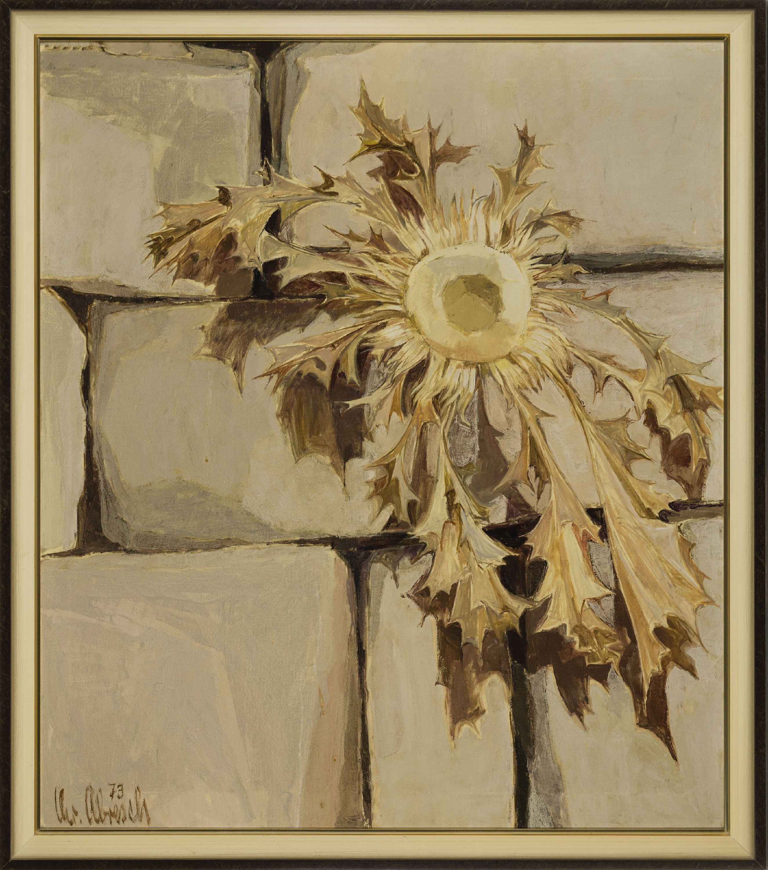 Detail k: Chistel Abresch, 1931 Sulzbach-2011 Neustadt , Stillleben mit Verblühter Distel vor Mauer, gedeckte Farbigkeit, signiert und datiert 1973, Öl/Lwd, ...