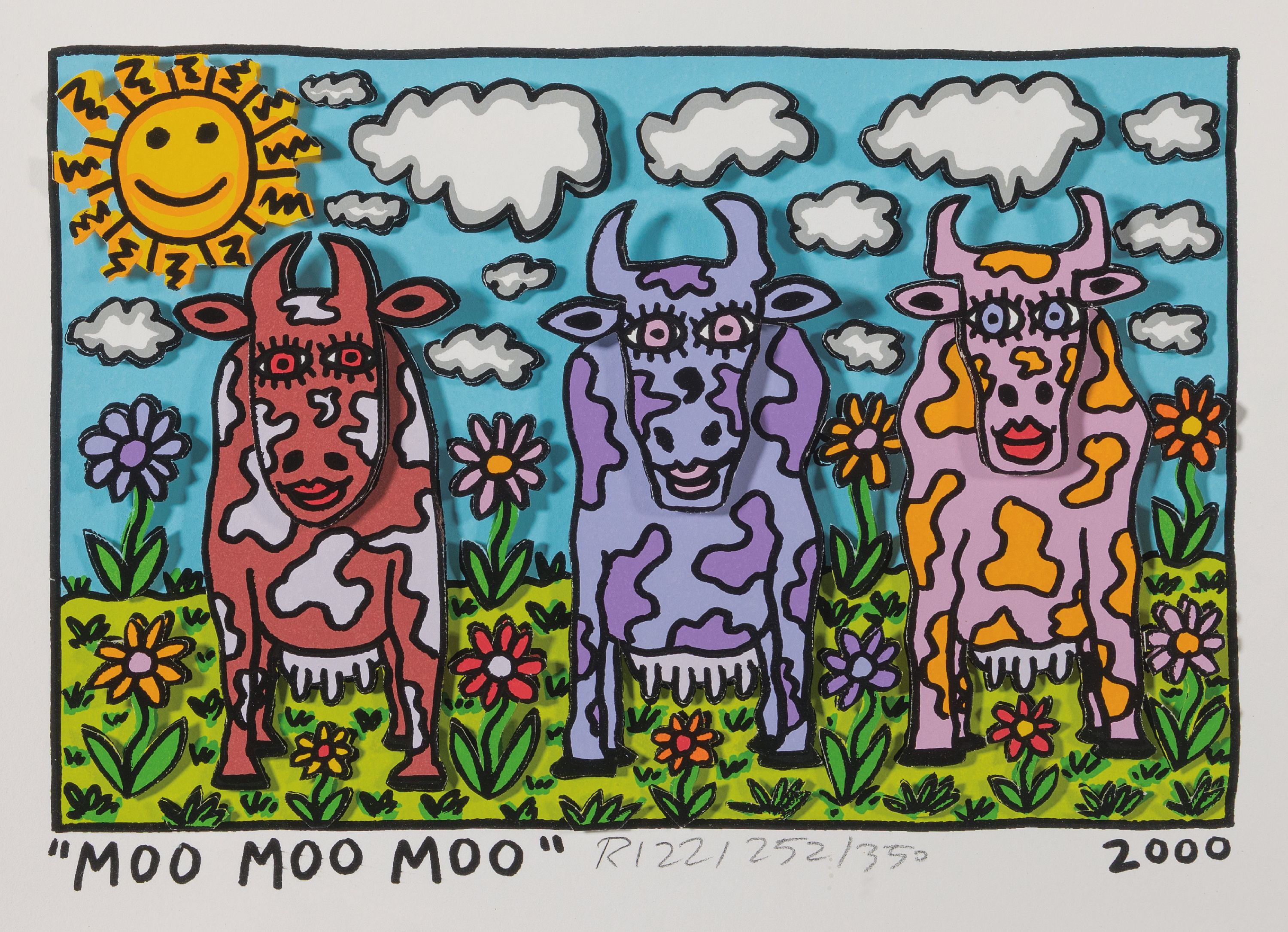 James Rizzi, 1950-2011 New York, Moo Moo Moo, dreidimensionale Farblithographie von 2000, handsign., num. 252/350, ca. 15x22cm, PP, u.Gl., R. ca. ...