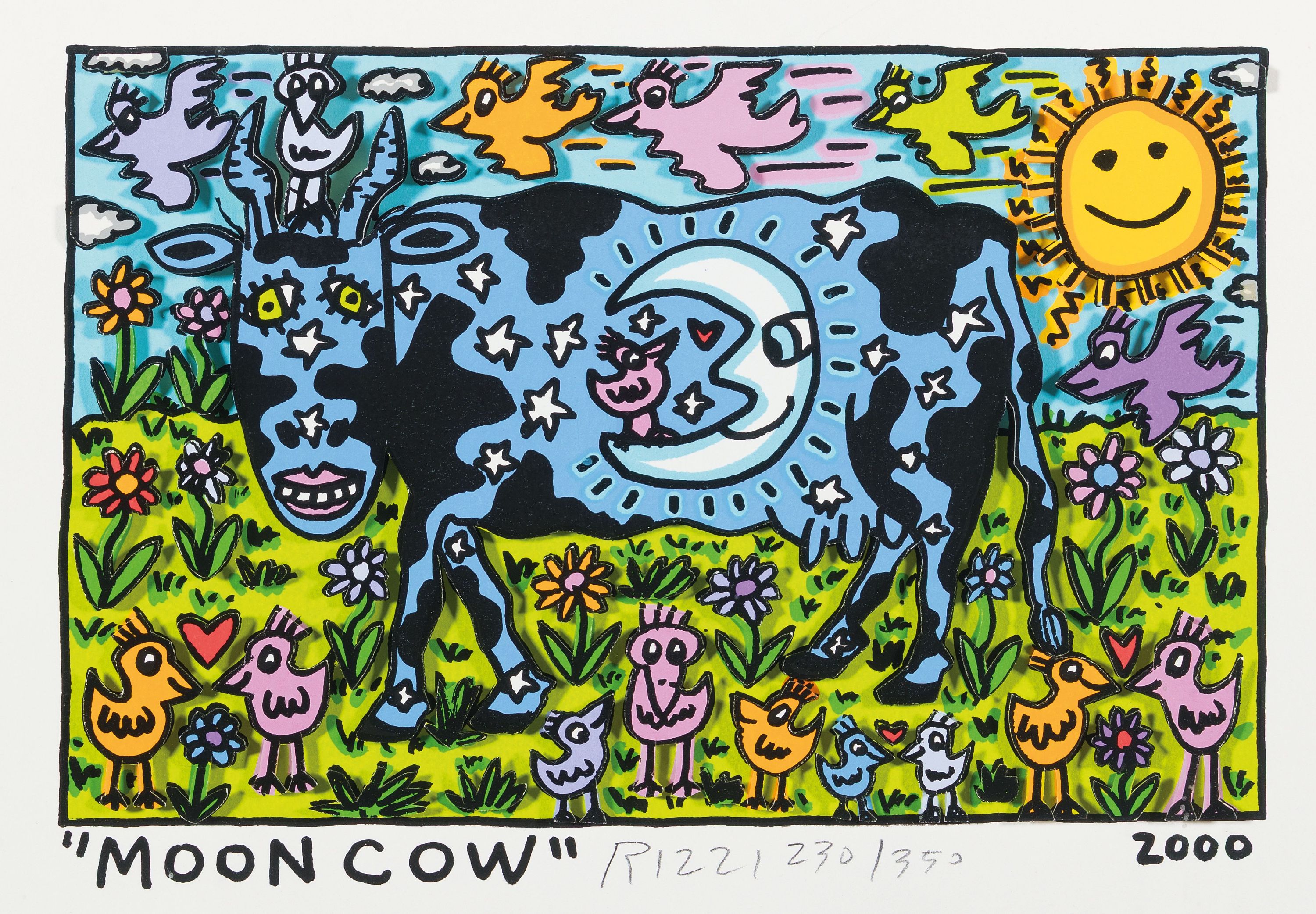 James Rizzi, 1950-2011 New York, Moon Cow, dreidimensionale Farblithographie von 2000, handsigniert und num. 230/350, ca. 15x22cm, PP, u.Gl., R. ca. ...