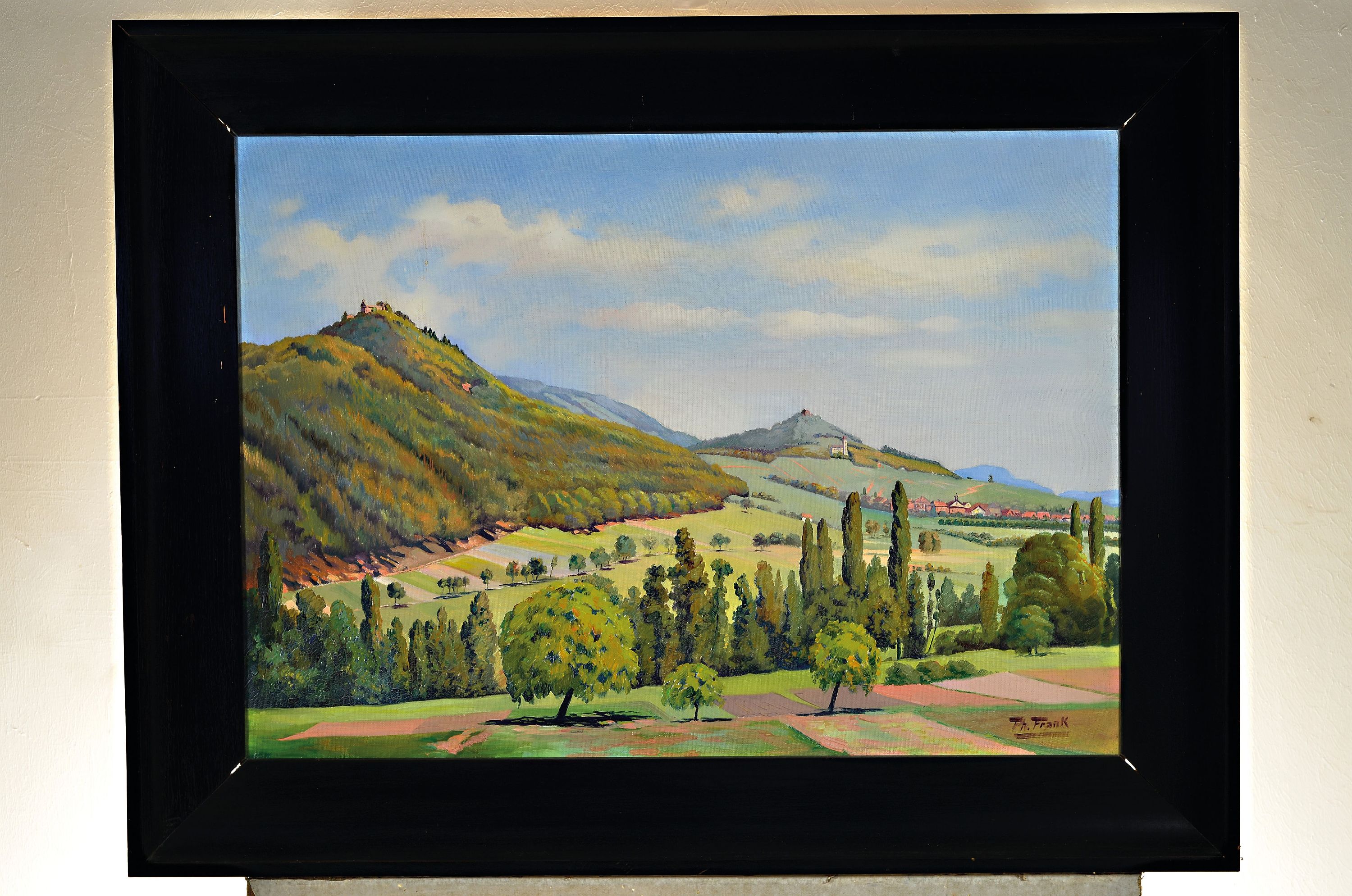 Detail k: Philipp Frank, 1871 Godramstein -, 1944 Queichheim, Pfälzer Maler, Pfälzer Landschaft, Leinsweiler mit Slevogthof und dieRuine Neukastell, links ...