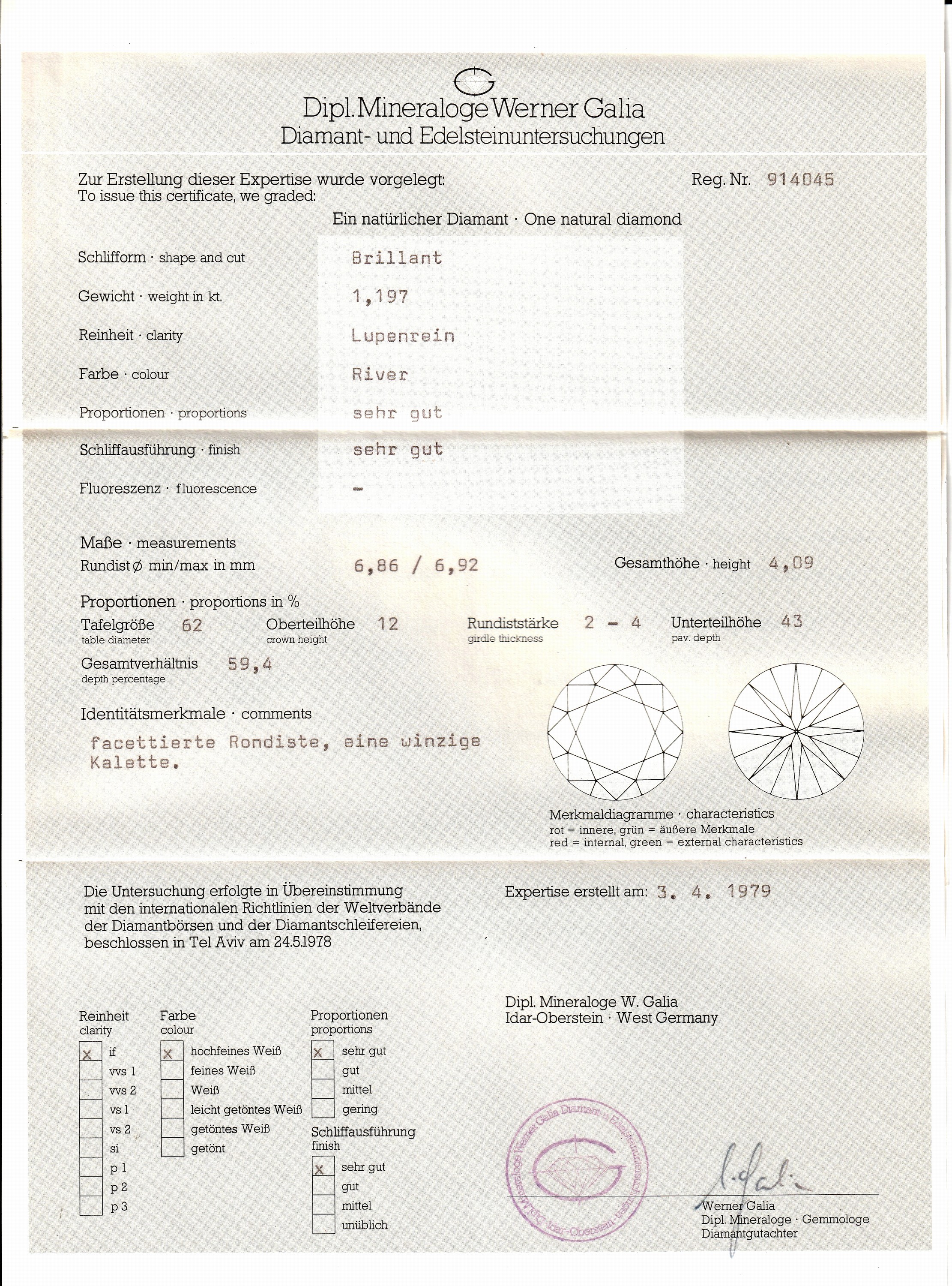 Detail e: Loser Brillant 1.197 ct hochfeines Weiß/lr ,6.86 x 6.92 x 4.09 mm, lt. Galia Expertise