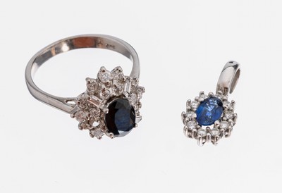 Image 14 kt Gold Saphir-Diamant-Konvolut, WG 585/000, best. aus: Ring und Anhänger, 2 ...