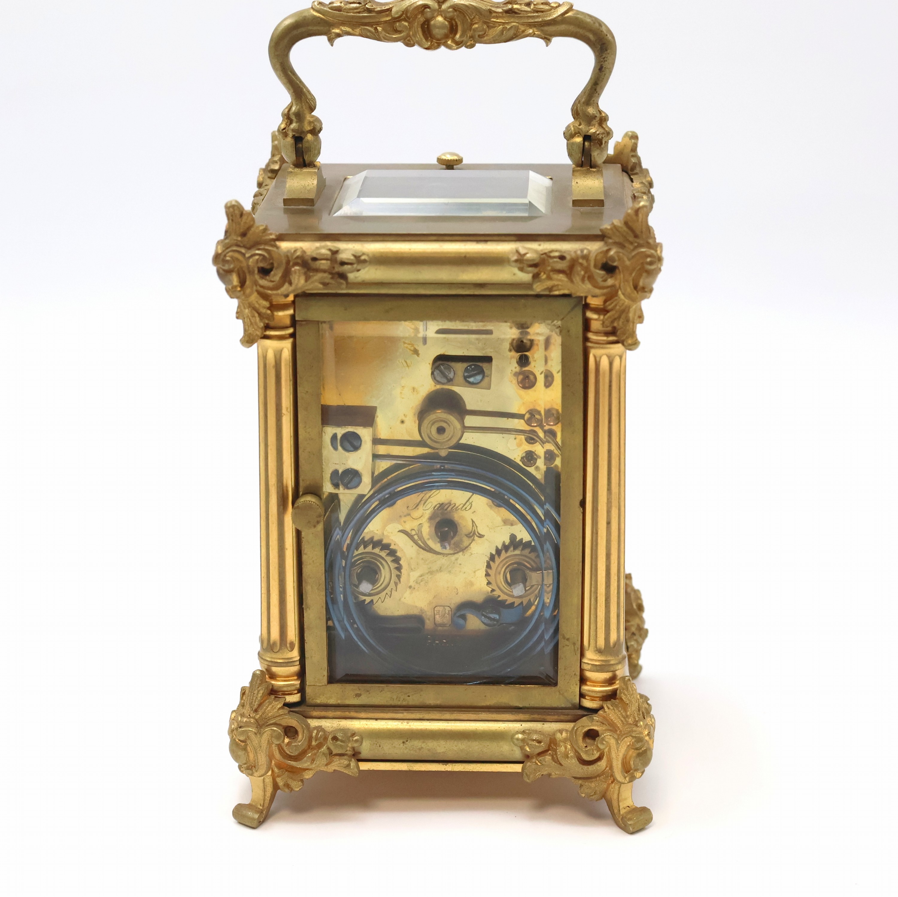 Detail d: HENRI JACOT 8 Tage Reiseuhr mit Schlagwerk und Repetition, Frankreich um 1880, Messinggeh. m. Verzierung 5-fach vergl., verg. Frontplatte m. ...