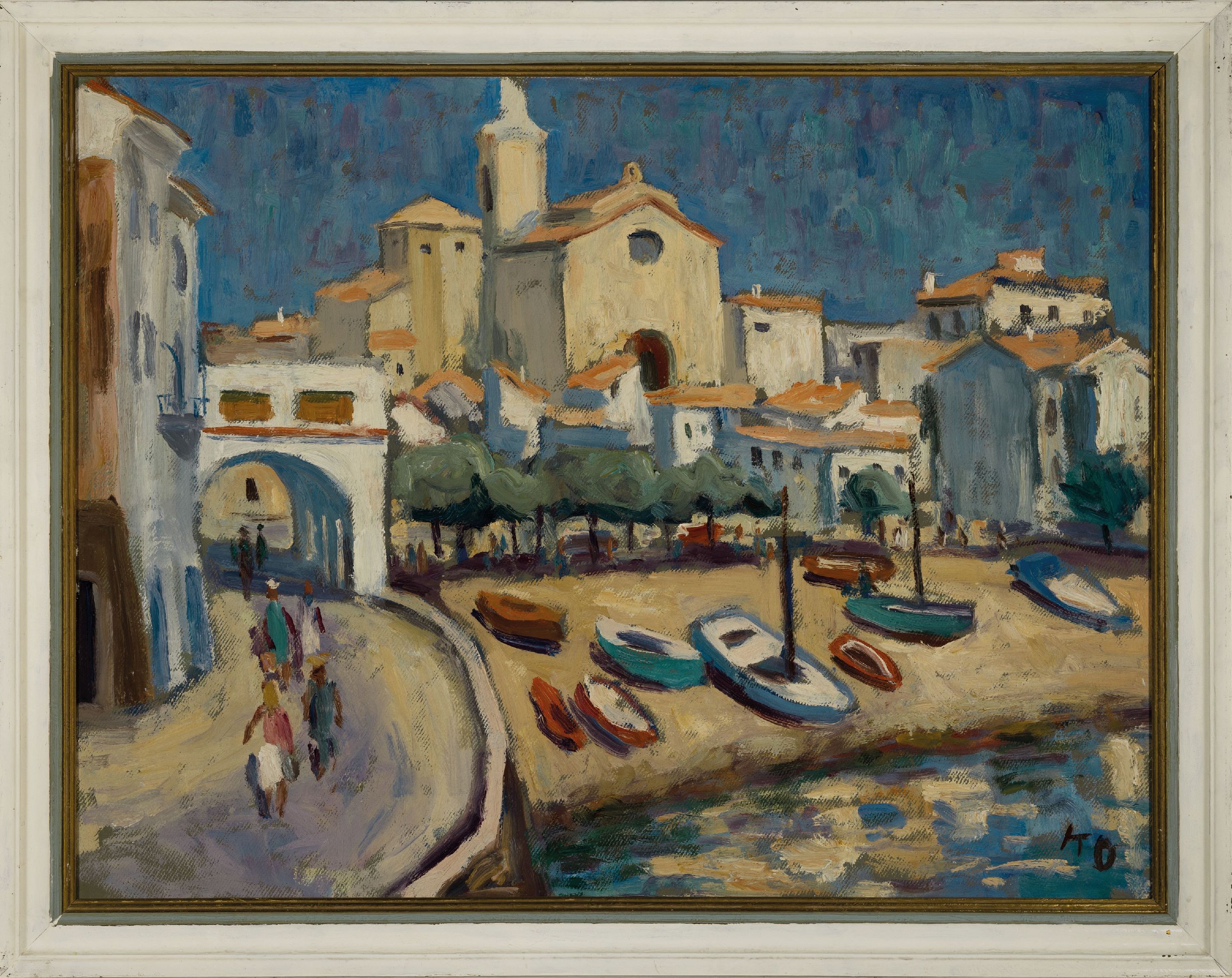 Detail k: Karl Oertel, 1890-1979 Karlsruhe, Ansicht aus Cadaques (Spanien), Öl/Hartfaser, rechts unten monogr., rückseitig signiert, betitelt und dat. 1968, ...